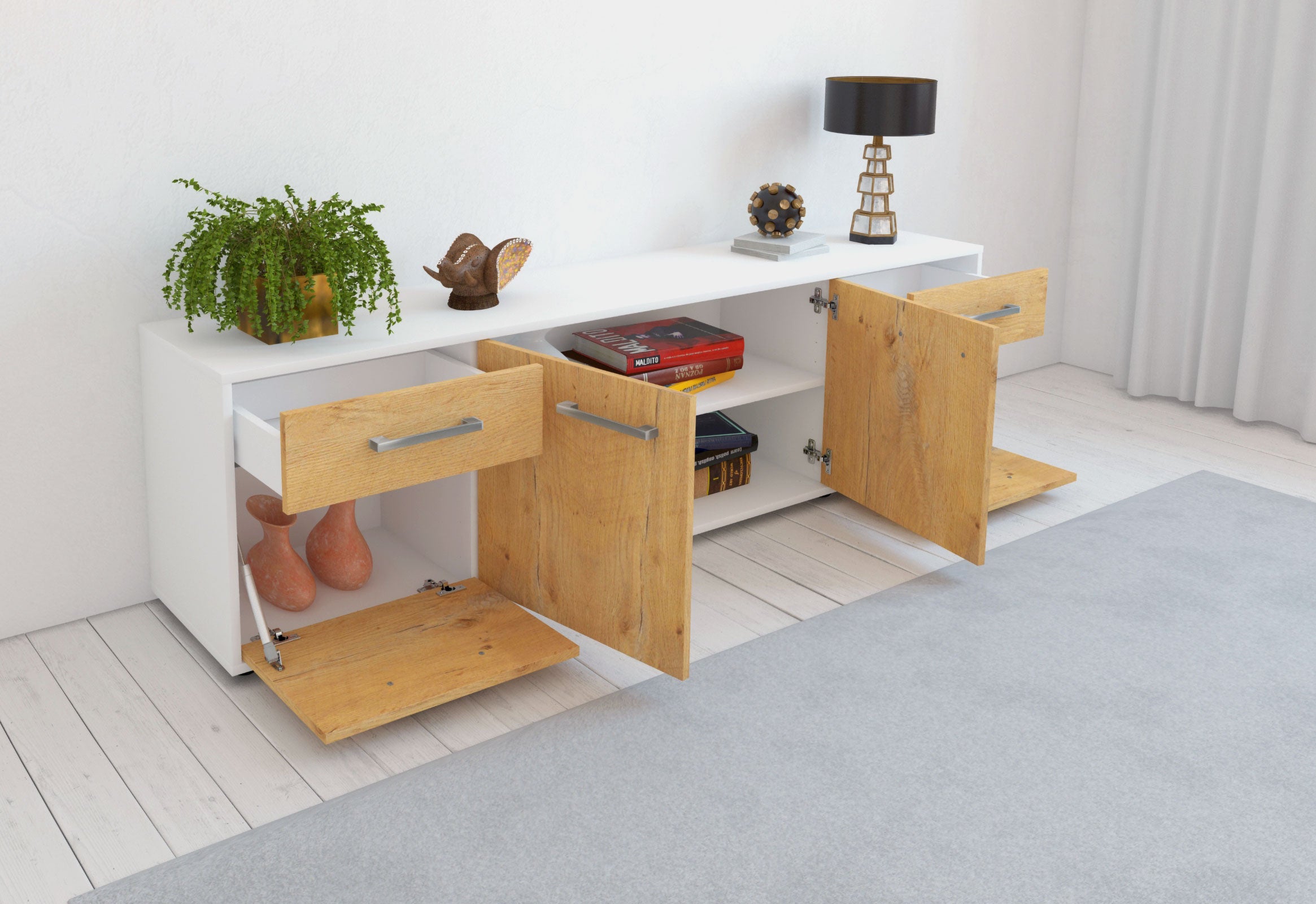 Lowboard - Benedetta - Design Holzdekor - Freistehend mit Griffe 180 cm Weiss