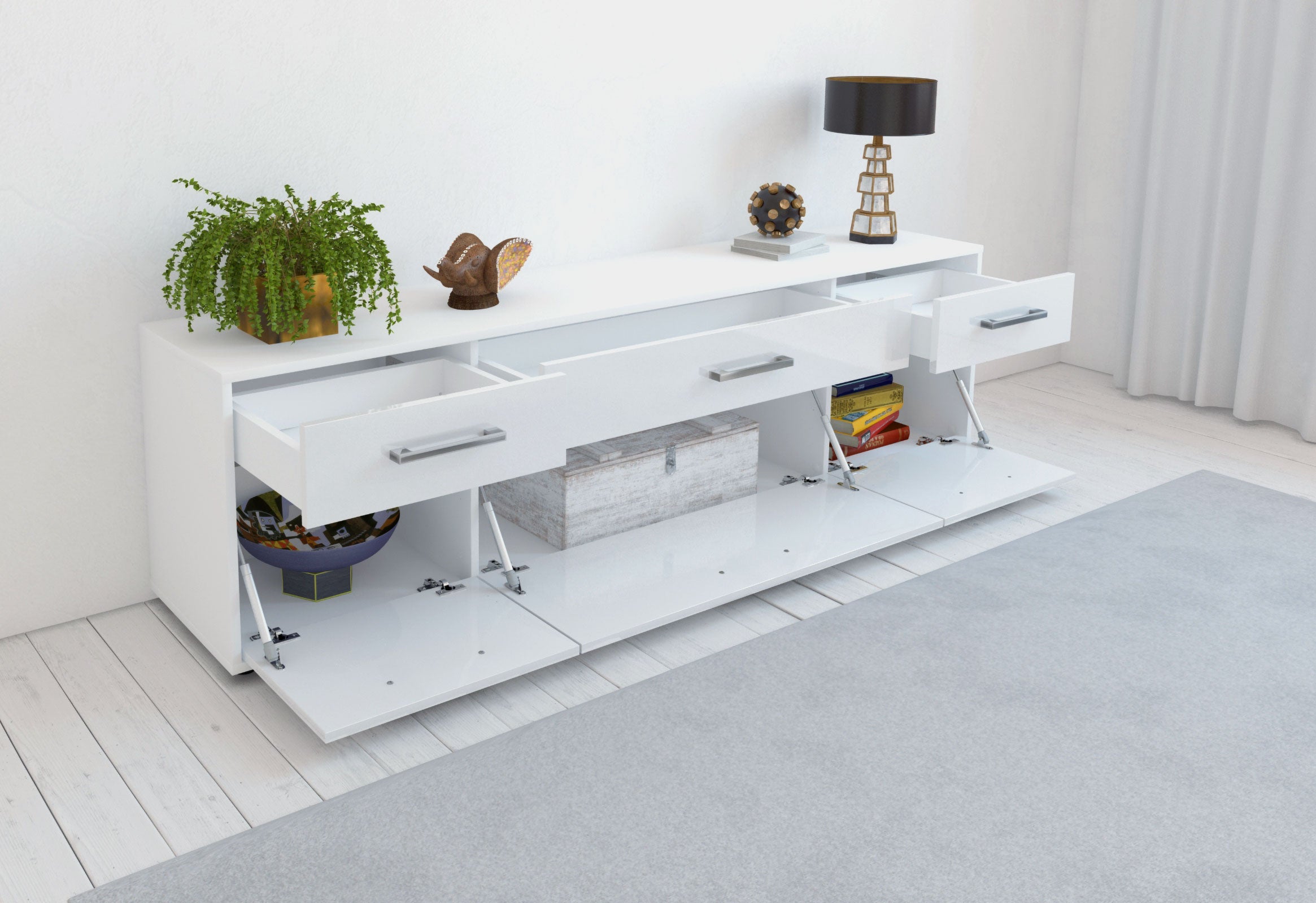 Lowboard - Beppa - Design Hochglanz - Freistehend mit Griffe 180 cm Weiss