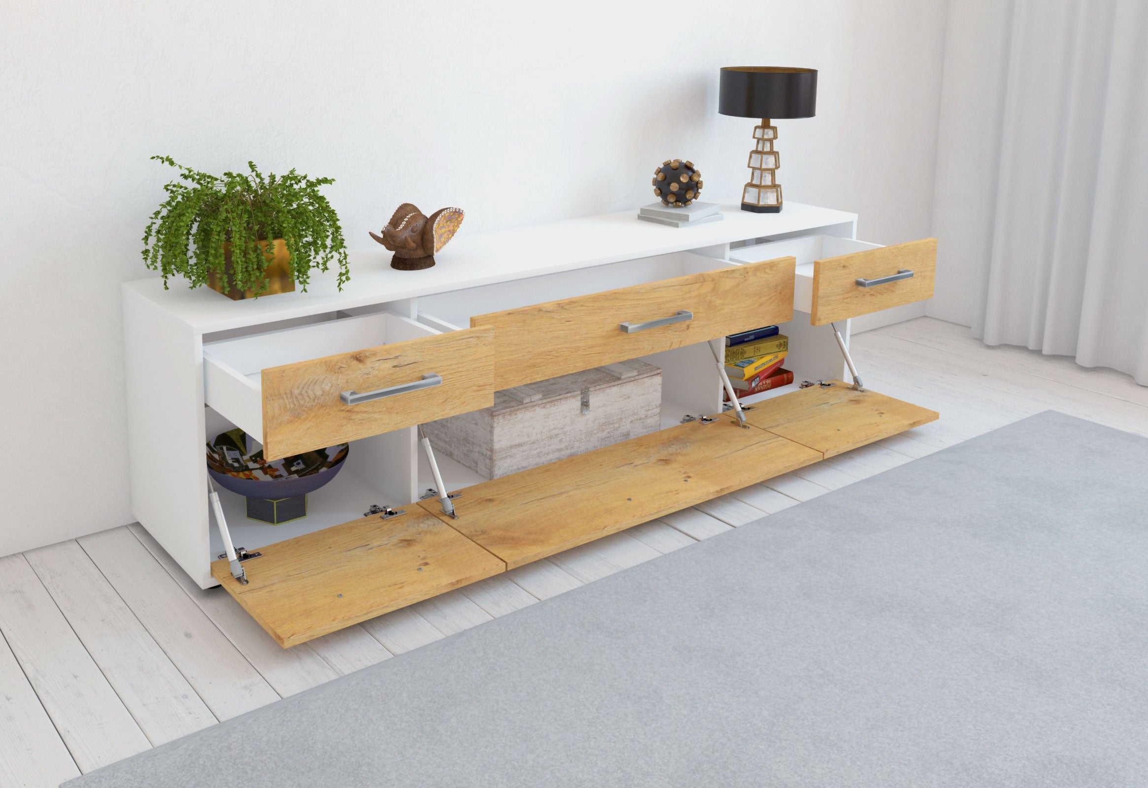 Lowboard - Beppa - Design Holzdekor - Freistehend mit Griffe 180 cm Weiss