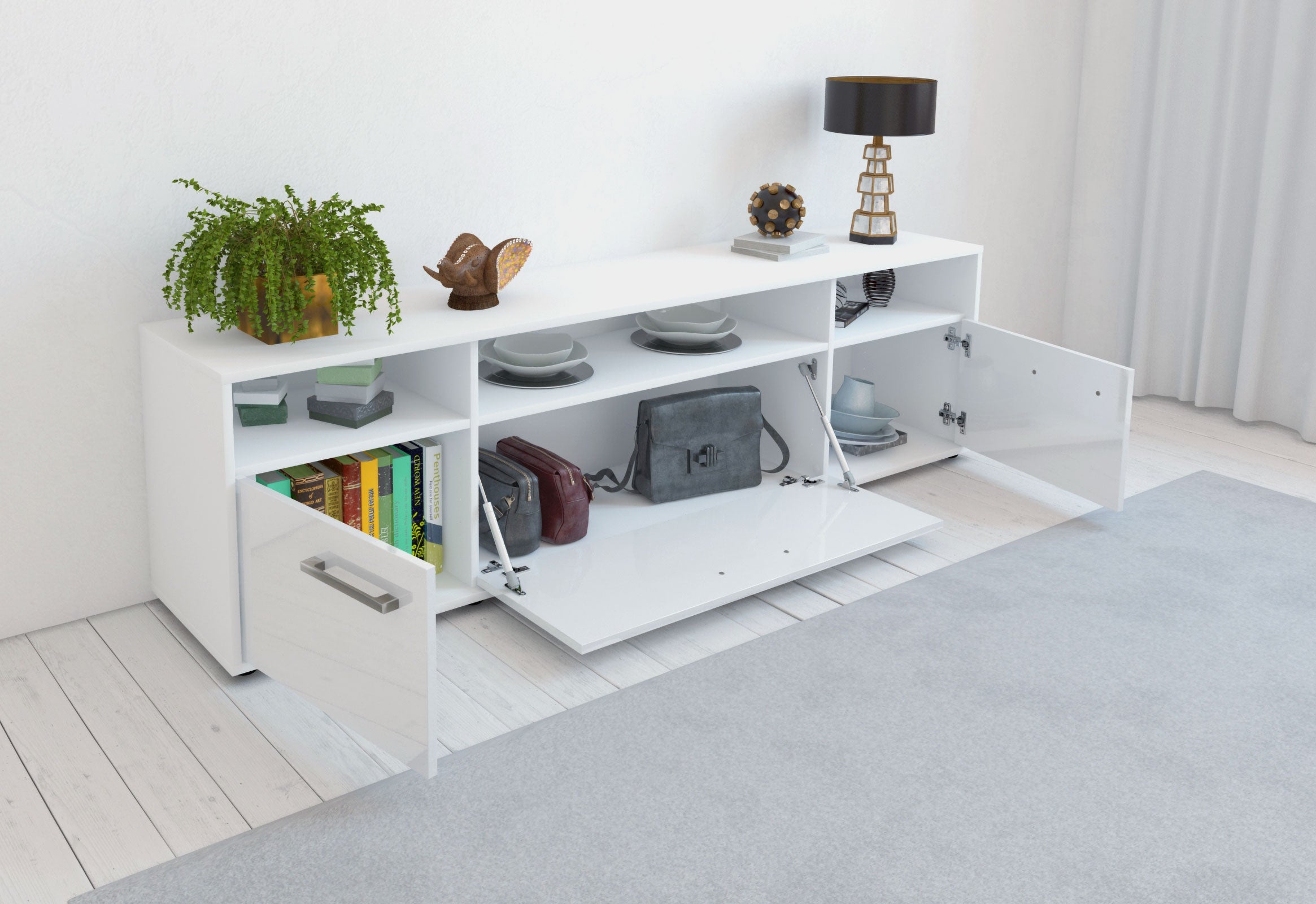 Lowboard - BIANCA - Design Hochglanz - Freistehend mit Griffe 180 cm Weiss