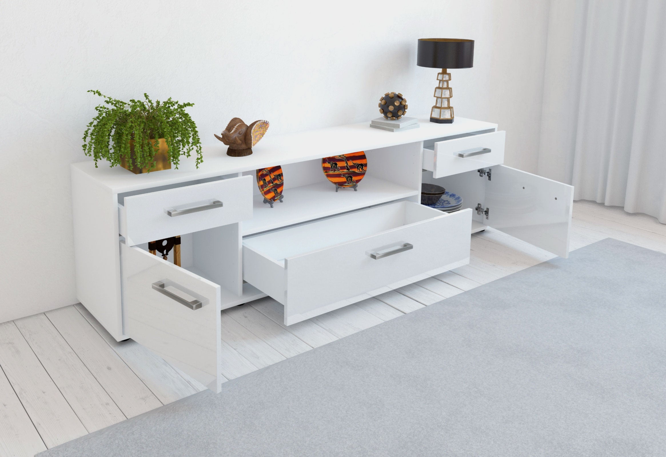 Lowboard - Biggi - Design Hochglanz - Freistehend mit Griffe 180 cm Weiss