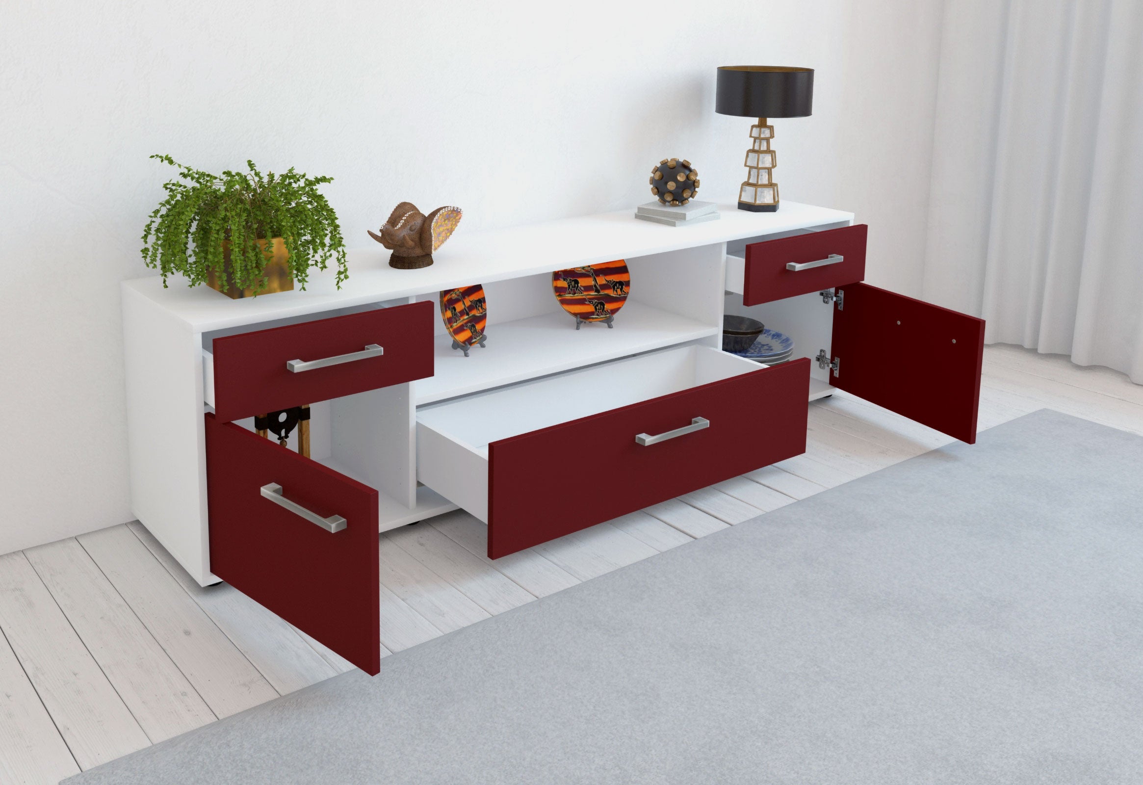 Lowboard - Biggi - Design Farbakzent - Freistehend mit Griffe 180 cm Weiss