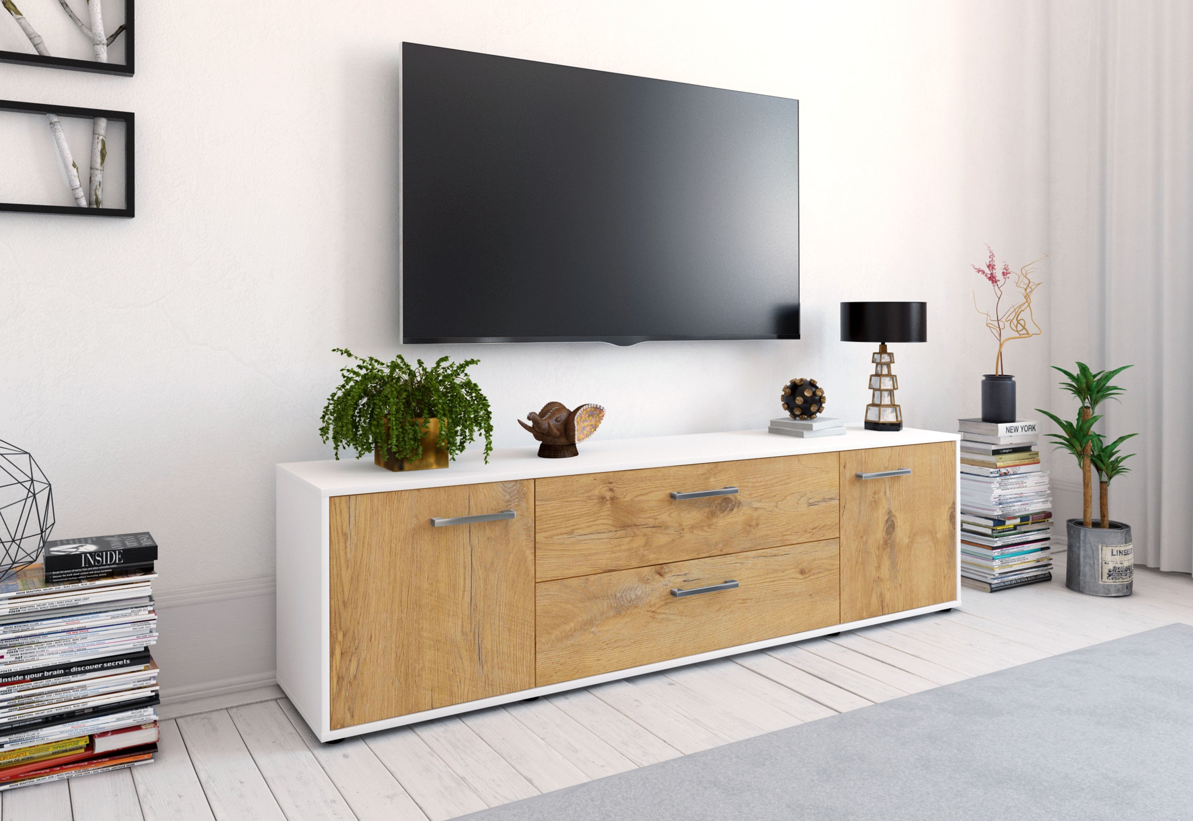 Lowboard - Aquilina - Design Holzdekor - Freistehend mit Griffe 180 cm Weiss