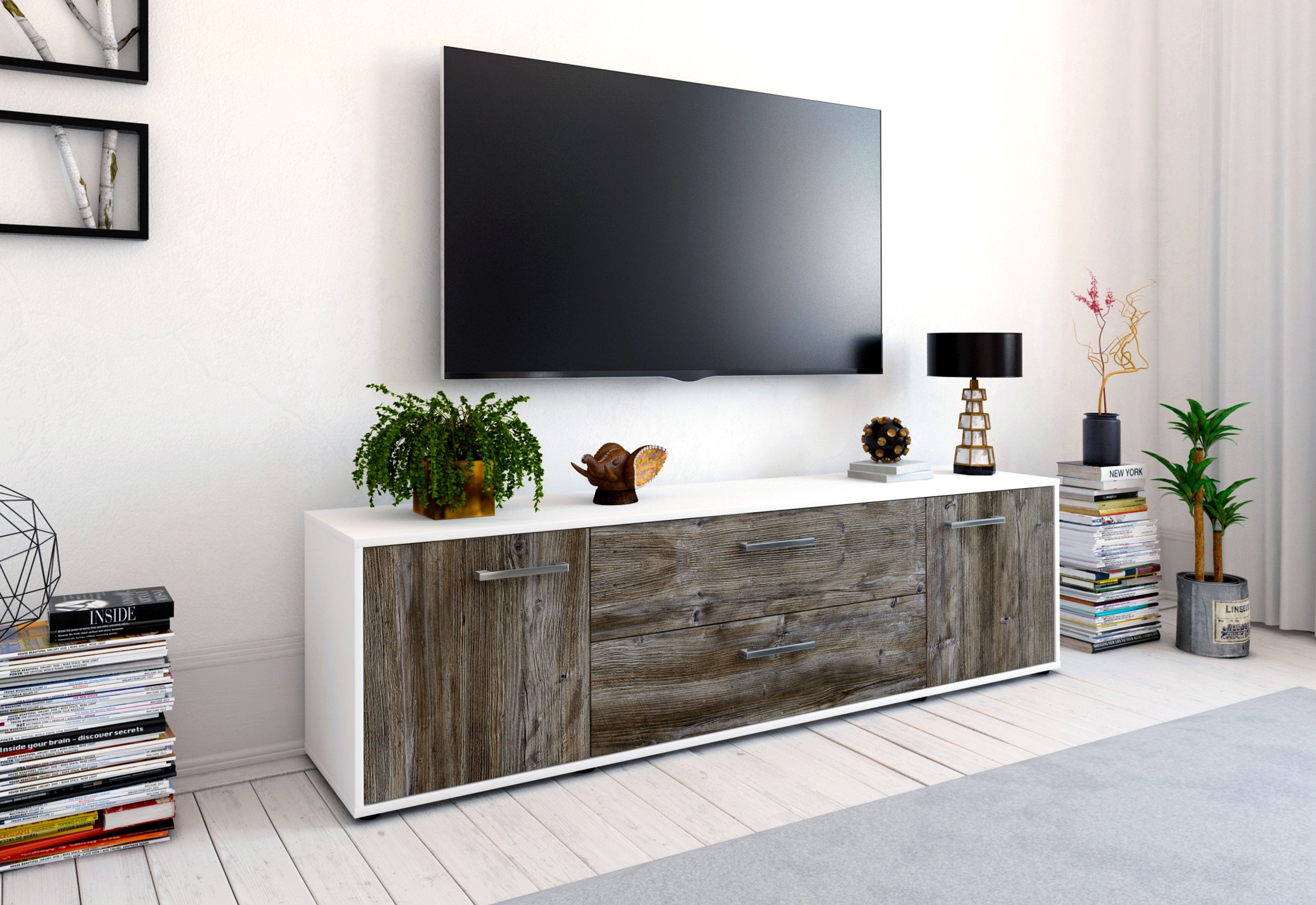 Lowboard - Aquilina - Design Holzdekor - Freistehend mit Griffe 180 cm Weiss