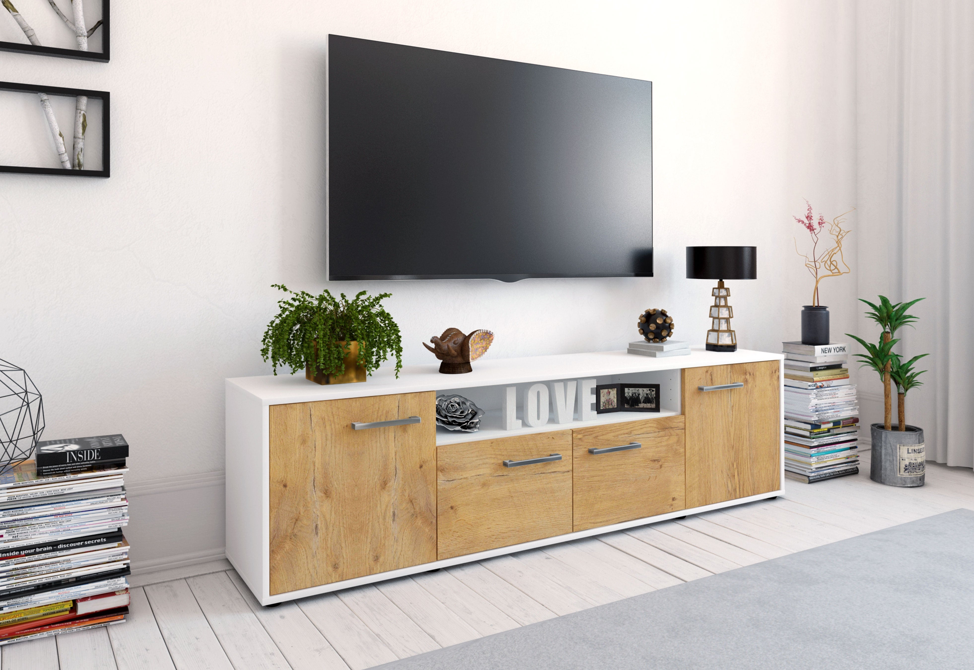 Lowboard - Arianna - Design Holzdekor - Freistehend mit Griffe 180 cm Weiss