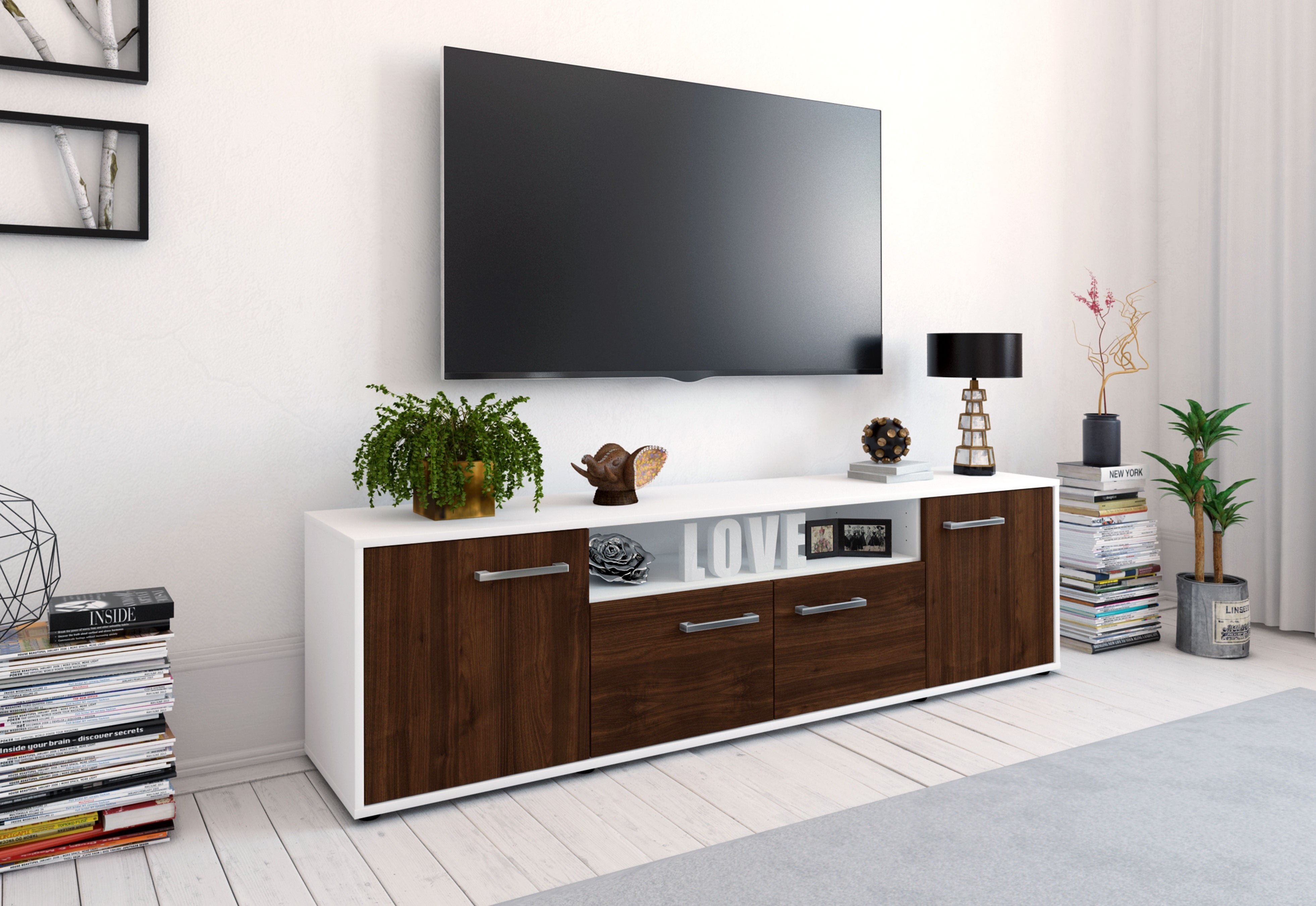 Lowboard - Arianna - Design Holzdekor - Freistehend mit Griffe 180 cm Weiss
