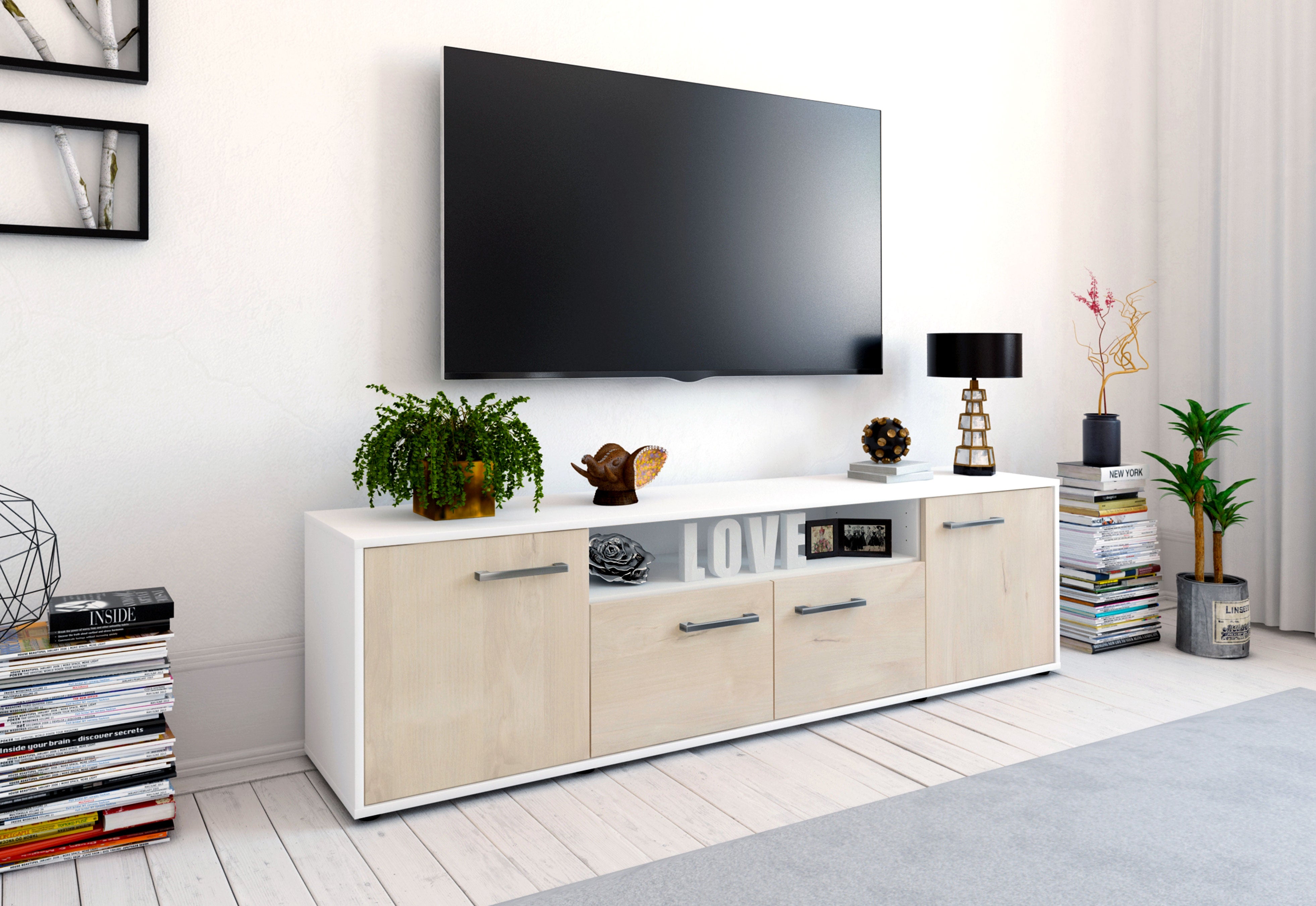 Lowboard - Arianna - Design Holzdekor - Freistehend mit Griffe 180 cm Weiss