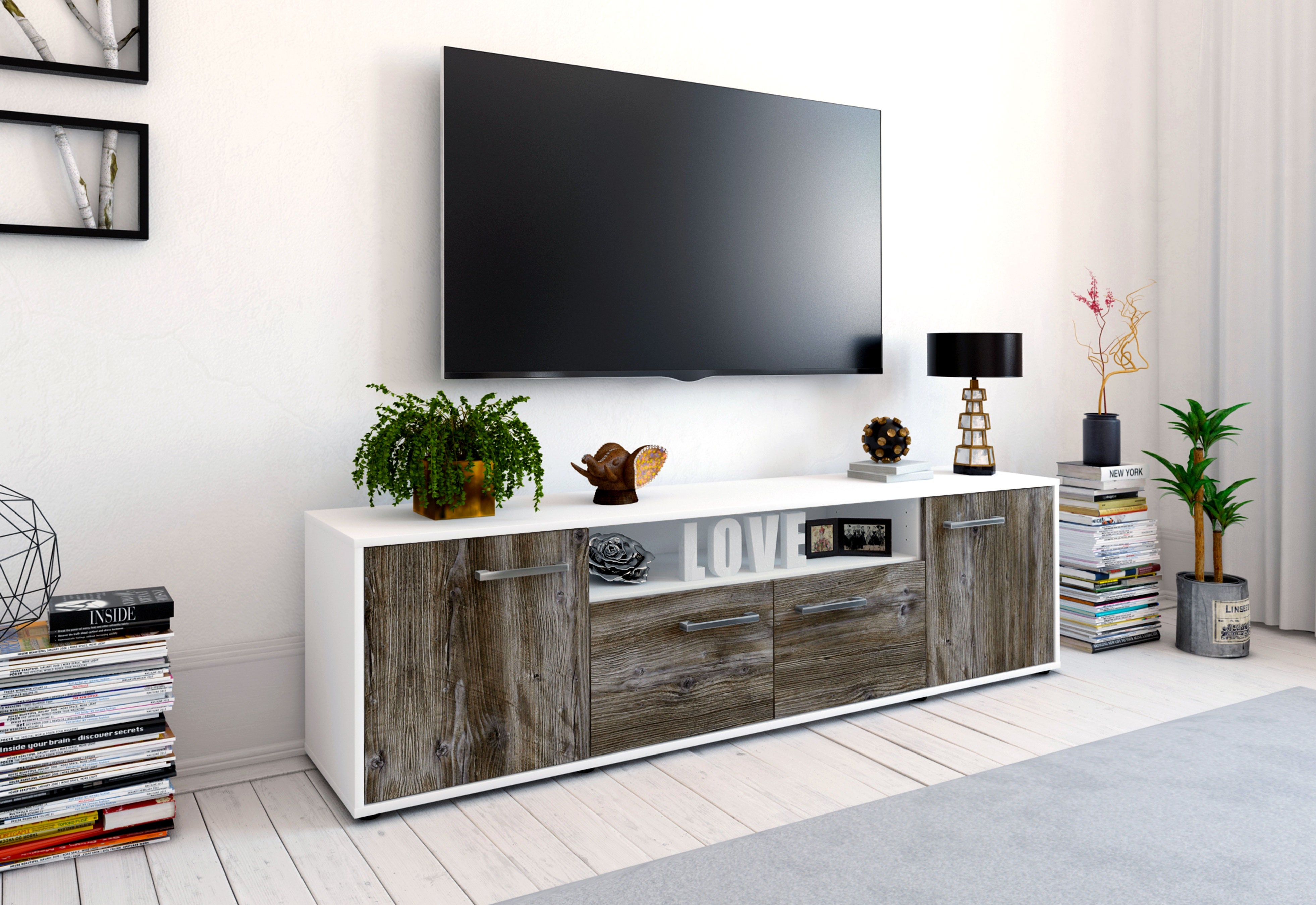 Lowboard - Arianna - Design Holzdekor - Freistehend mit Griffe 180 cm Weiss