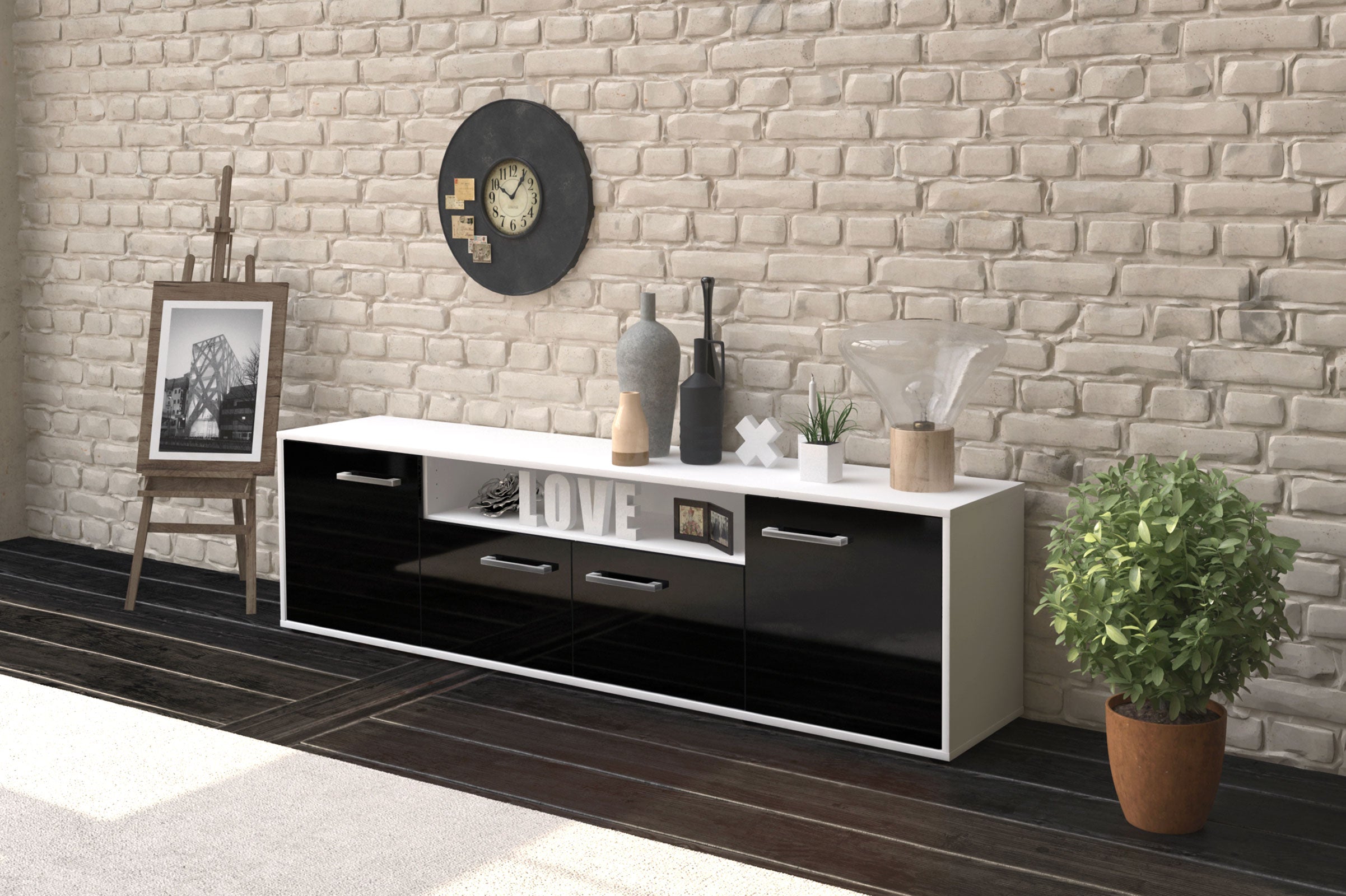 Lowboard - Arianna - Design Hochglanz - Freistehend mit Griffe 180 cm Weiss