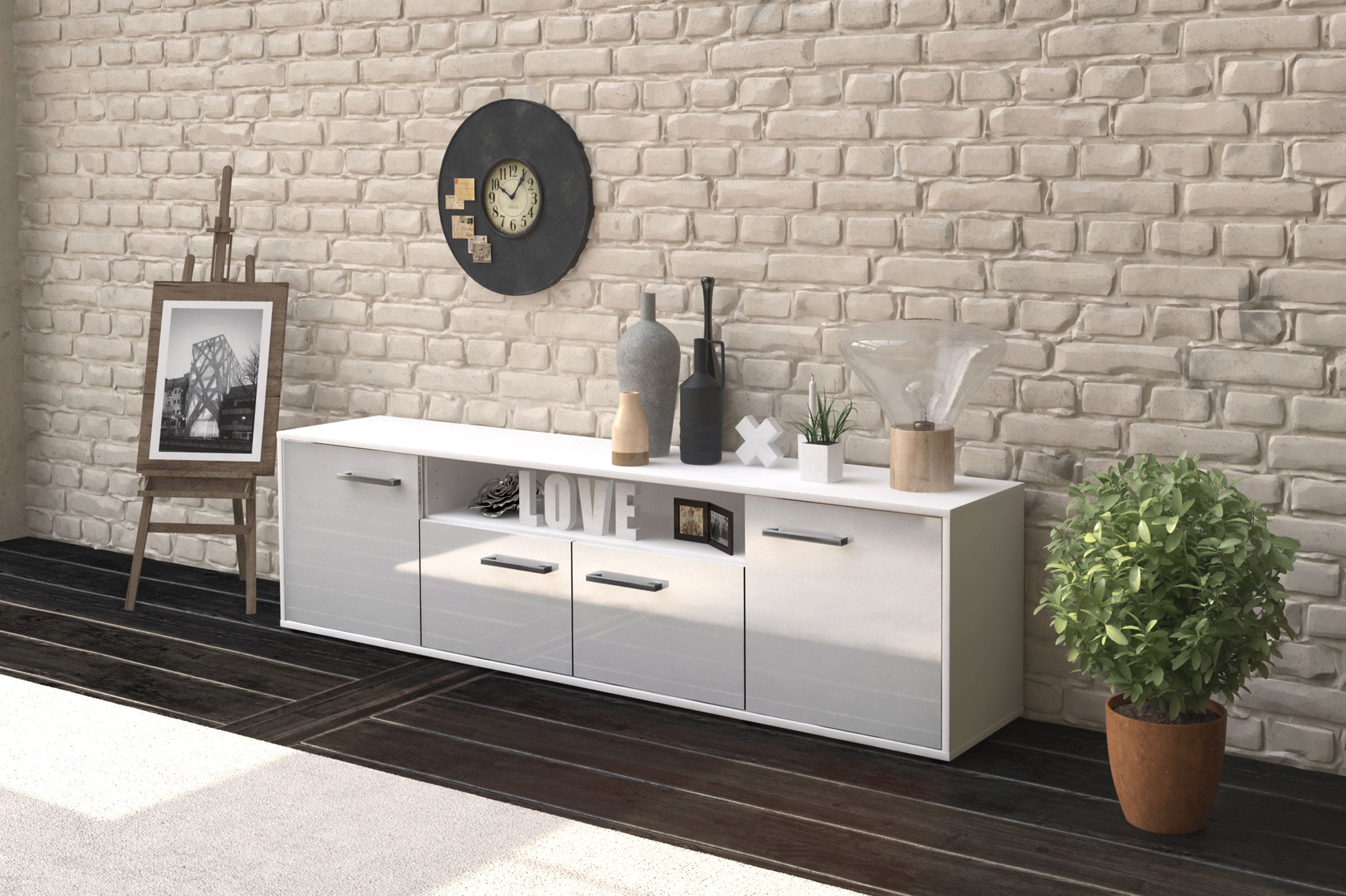 Lowboard - Arianna - Design Hochglanz - Freistehend mit Griffe 180 cm Weiss