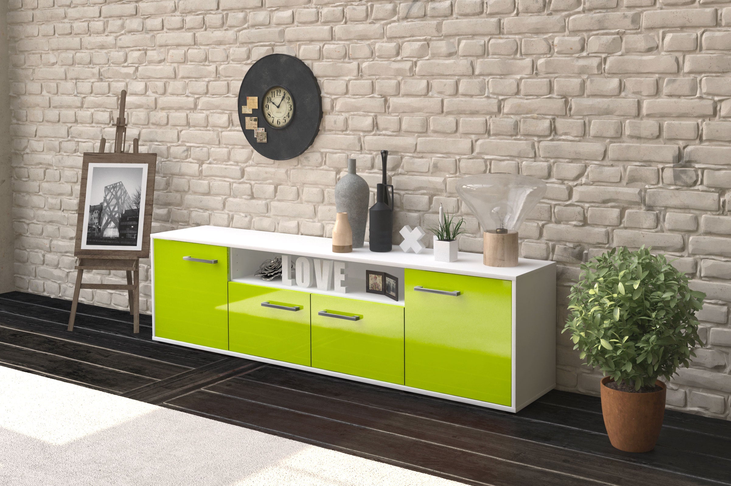 Lowboard - Arianna - Design Hochglanz - Freistehend mit Griffe 180 cm Weiss