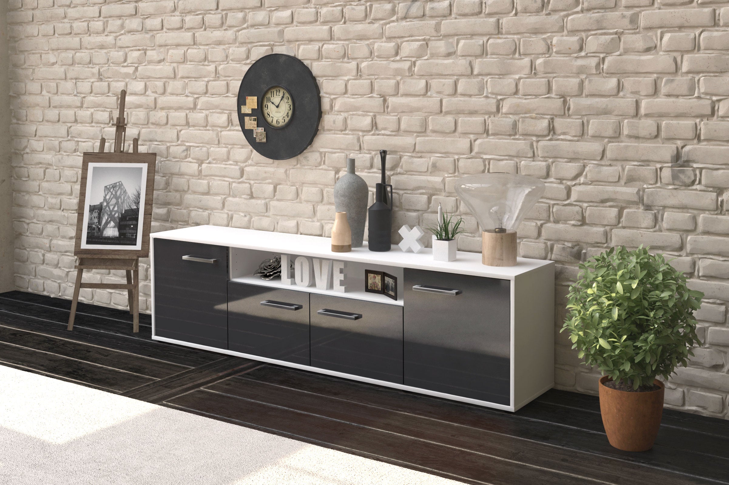 Lowboard - Arianna - Design Hochglanz - Freistehend mit Griffe 180 cm Weiss