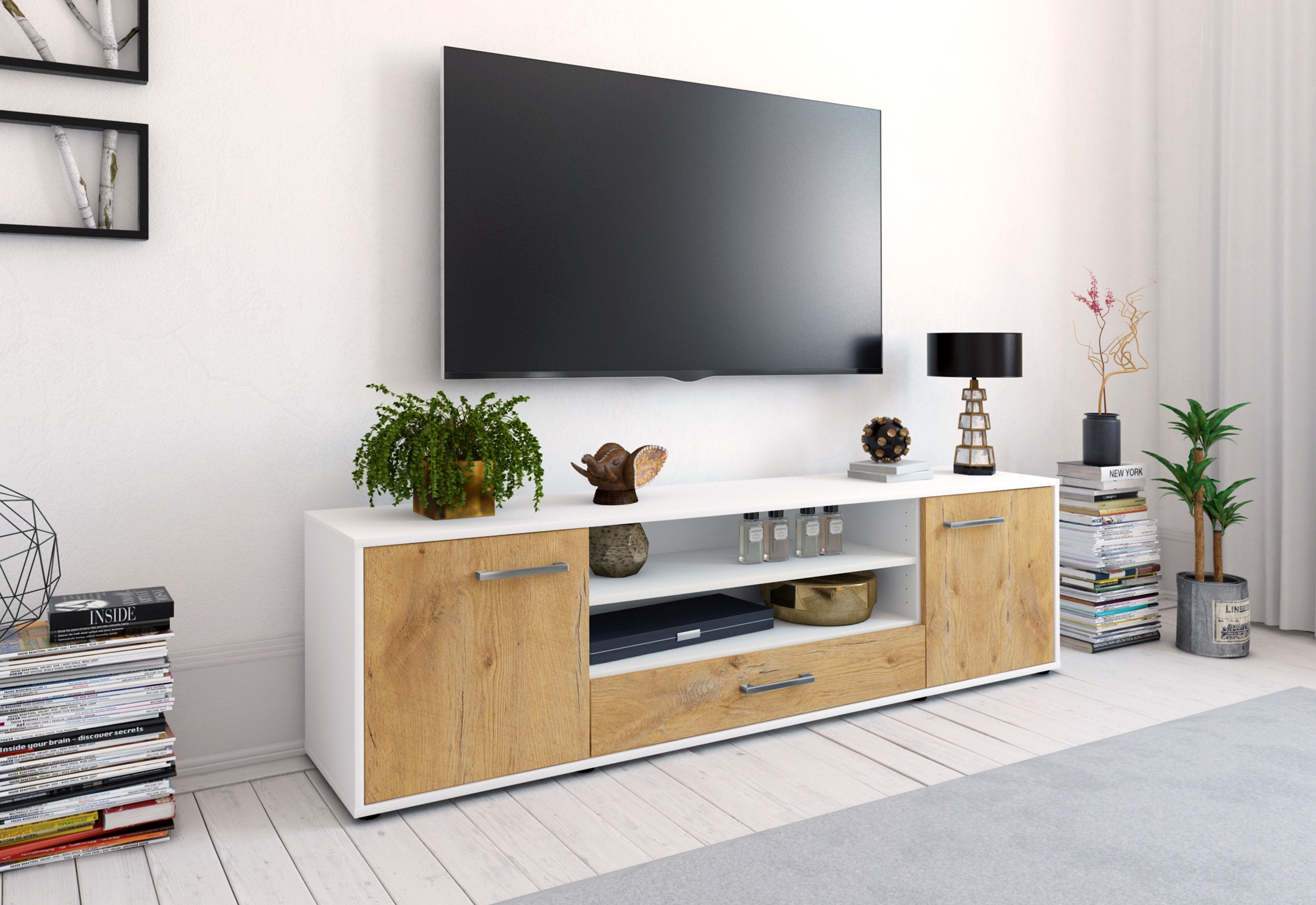 Lowboard - Armida - Design Holzdekor - Freistehend mit Griffe 180 cm Weiss