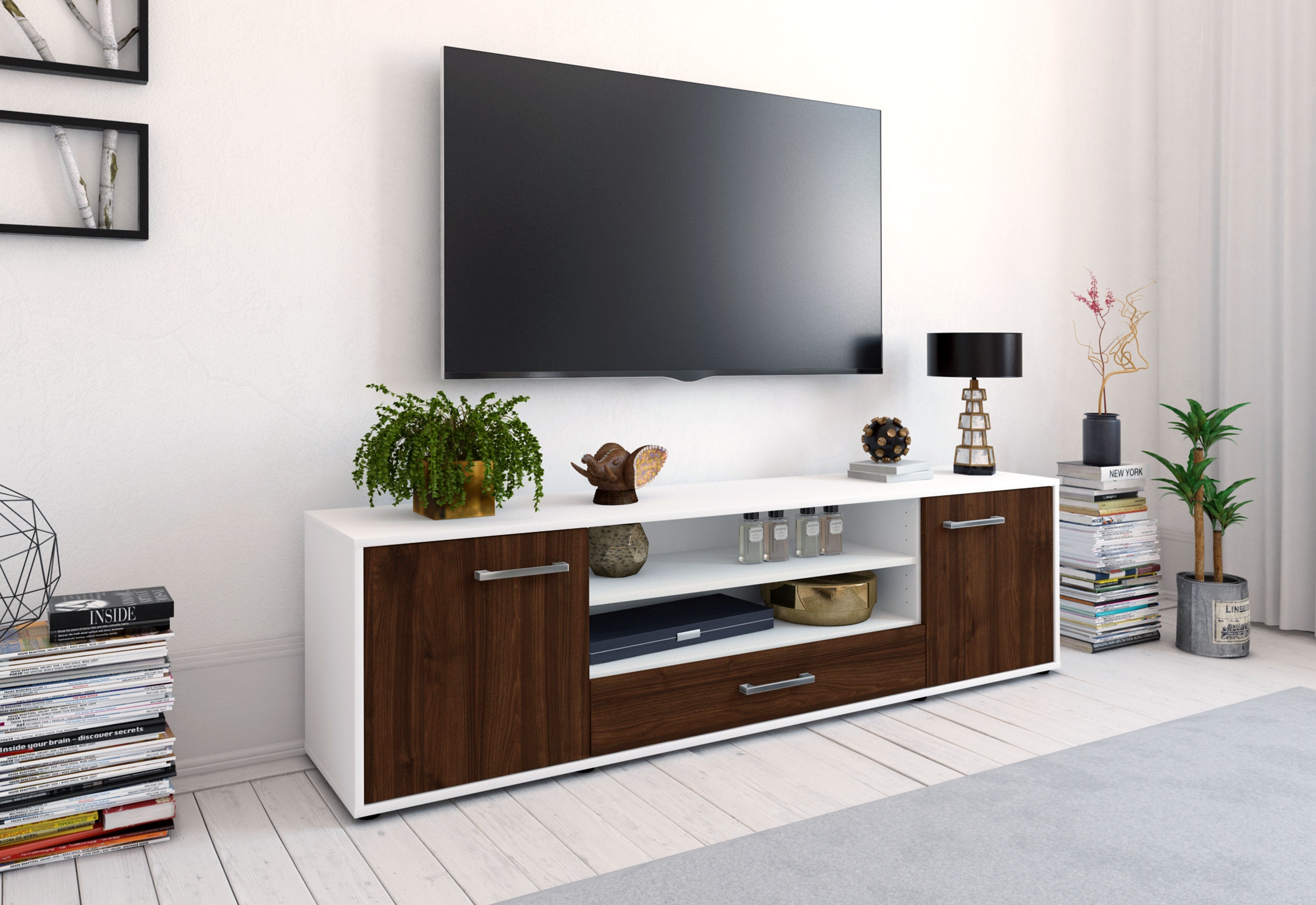 Lowboard - Armida - Design Holzdekor - Freistehend mit Griffe 180 cm Weiss