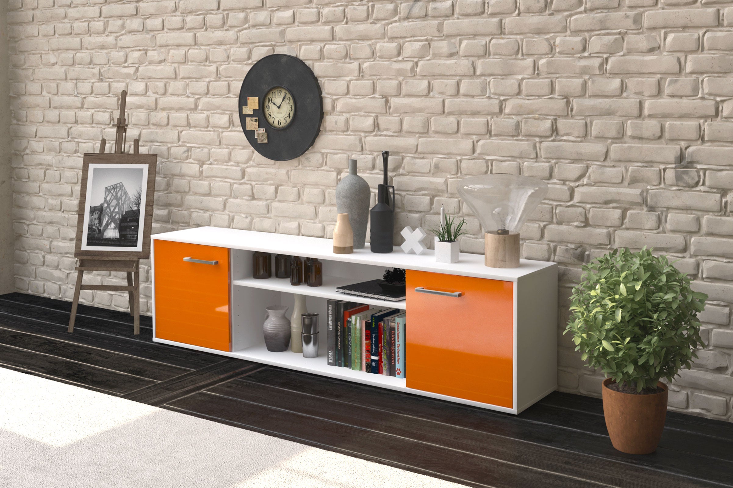 Lowboard - Asia - Design Hochglanz - Freistehend mit Griffe 180 cm Weiss