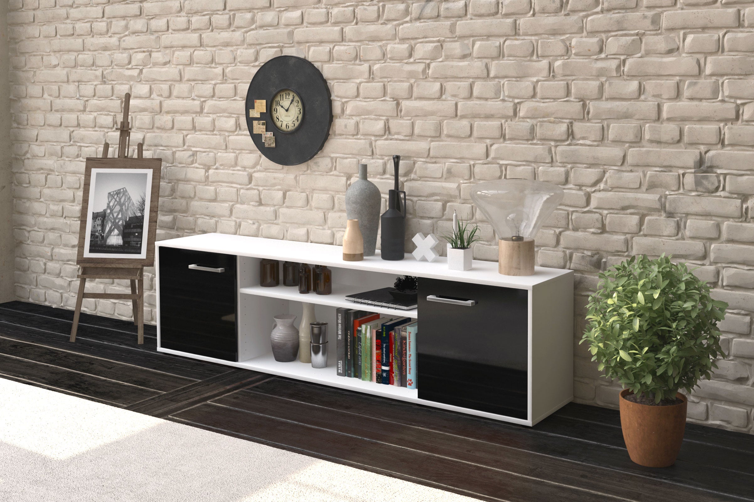 Lowboard - Asia - Design Hochglanz - Freistehend mit Griffe 180 cm Weiss