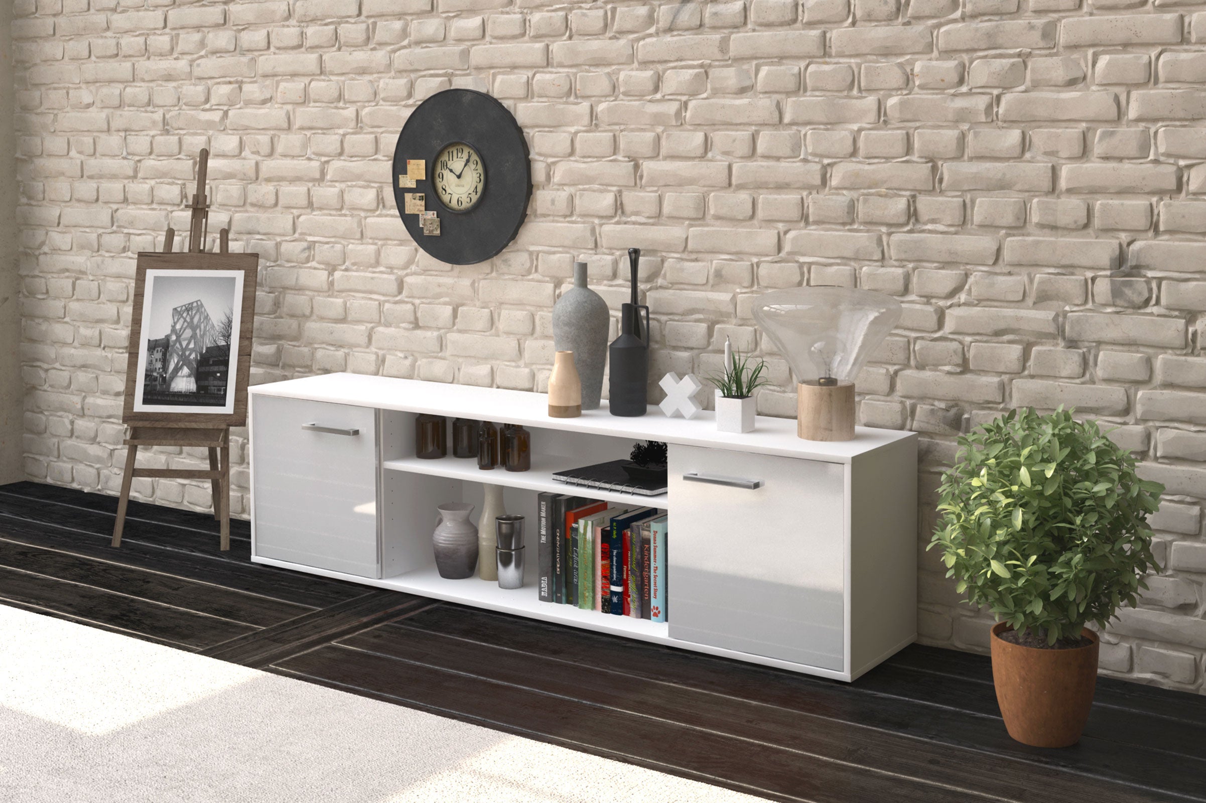Lowboard - Asia - Design Hochglanz - Freistehend mit Griffe 180 cm Weiss