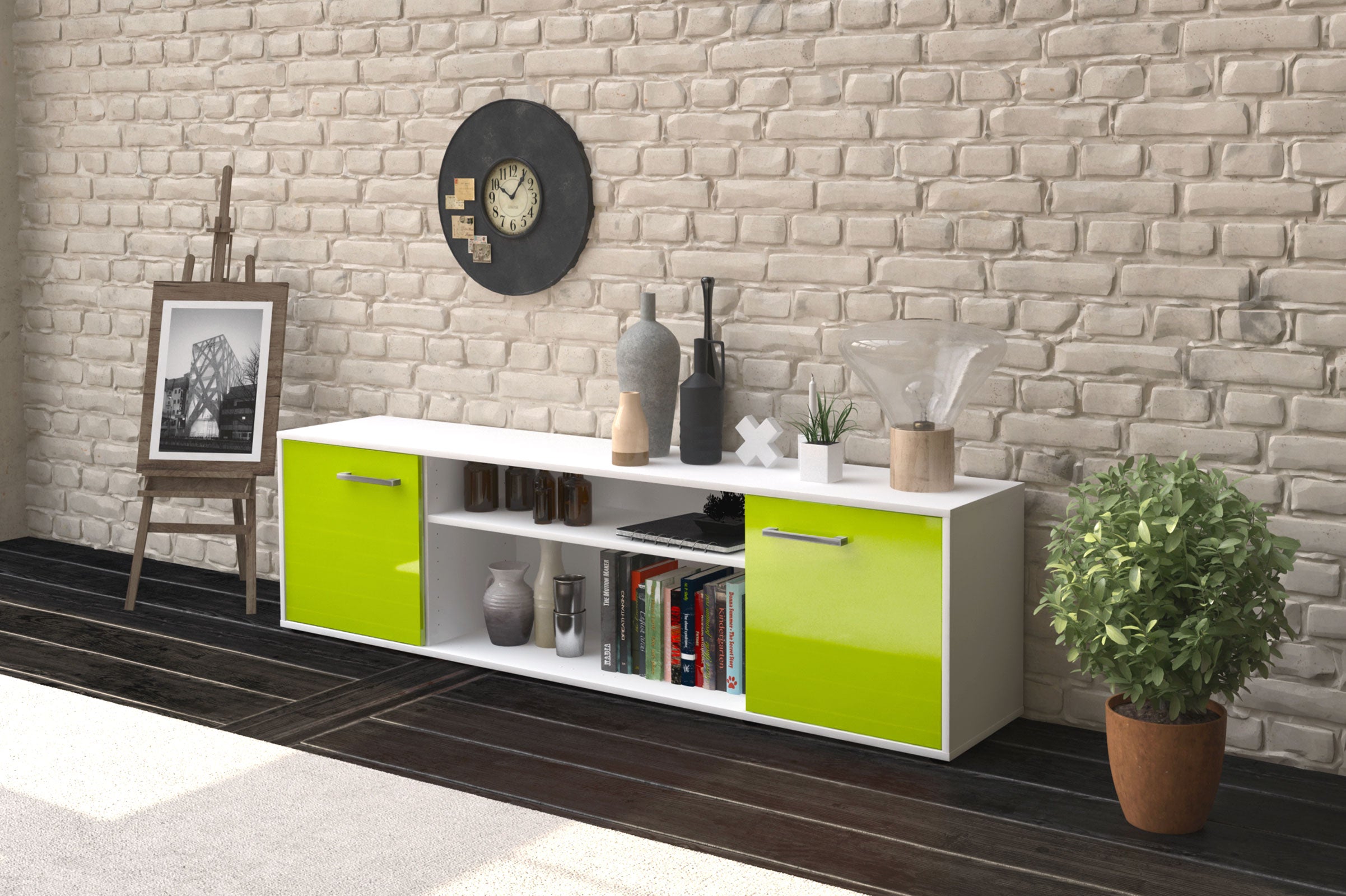 Lowboard - Asia - Design Hochglanz - Freistehend mit Griffe 180 cm Weiss
