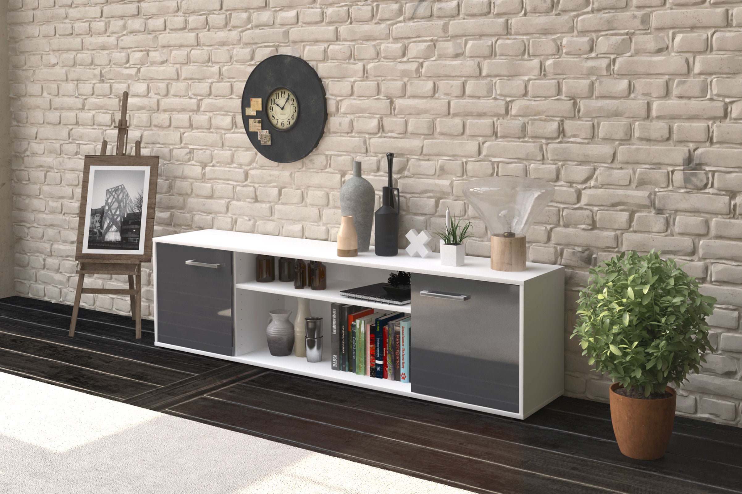 Lowboard - Asia - Design Hochglanz - Freistehend mit Griffe 180 cm Weiss