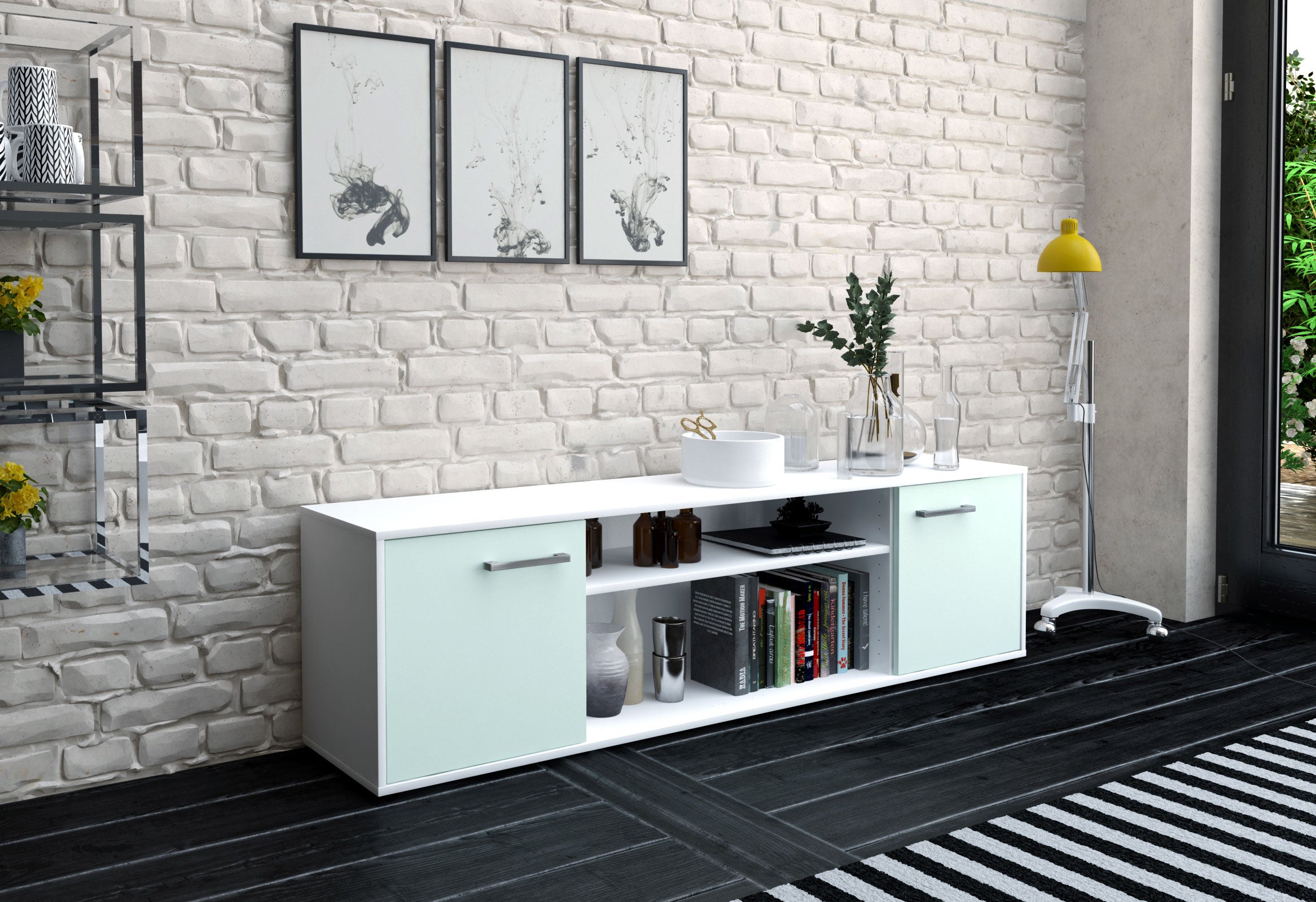 Lowboard - Asia - Design Farbakzent - Freistehend mit Griffe 180 cm Weiss