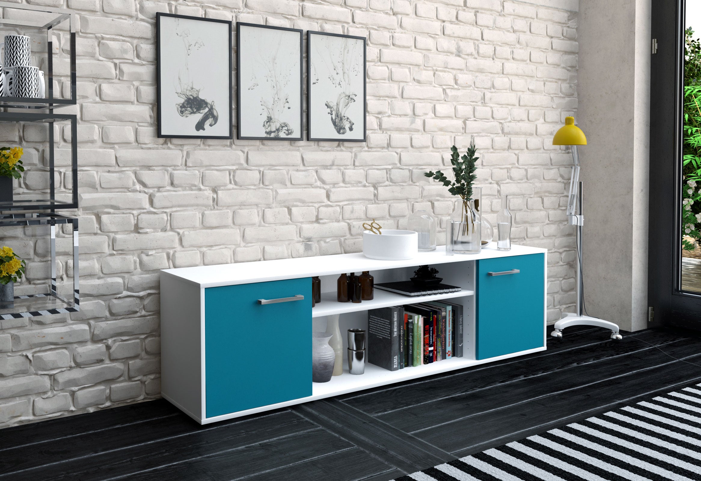 Lowboard - Asia - Design Farbakzent - Freistehend mit Griffe 180 cm Weiss