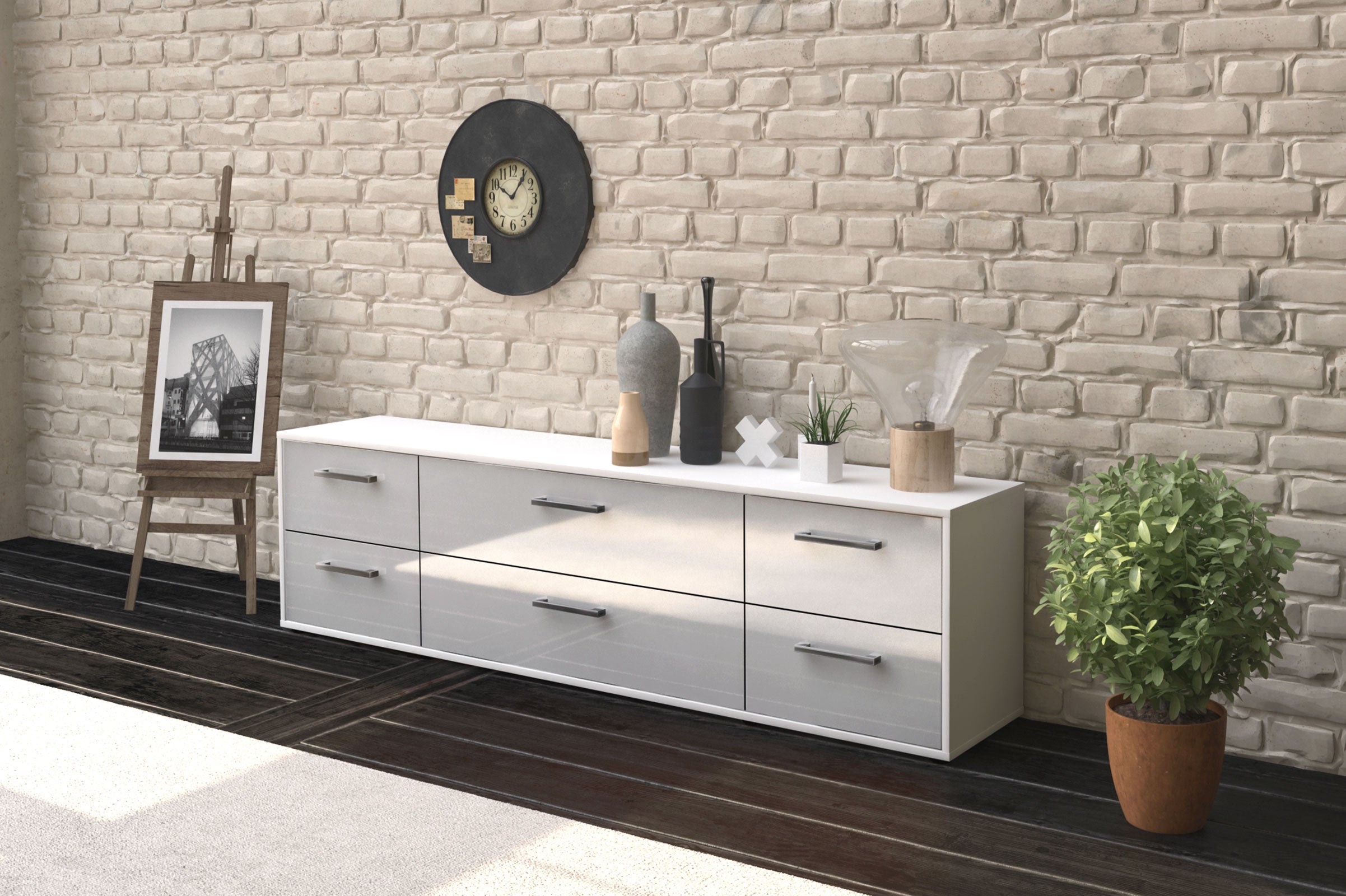 Lowboard - Assunta - Design Hochglanz - Freistehend mit Griffe 180 cm Weiss