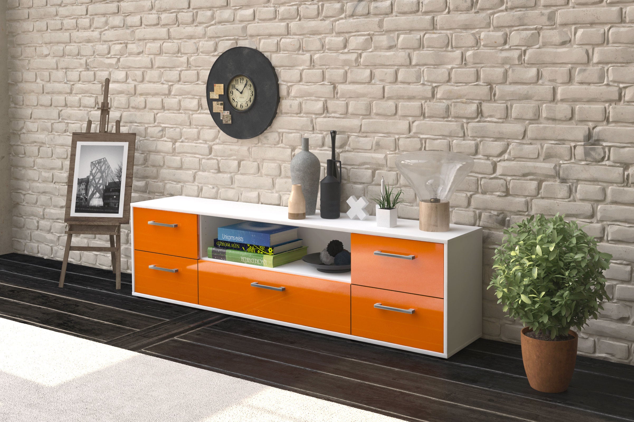 Lowboard - Atlanta - Design Hochglanz - Freistehend mit Griffe 180 cm Weiss