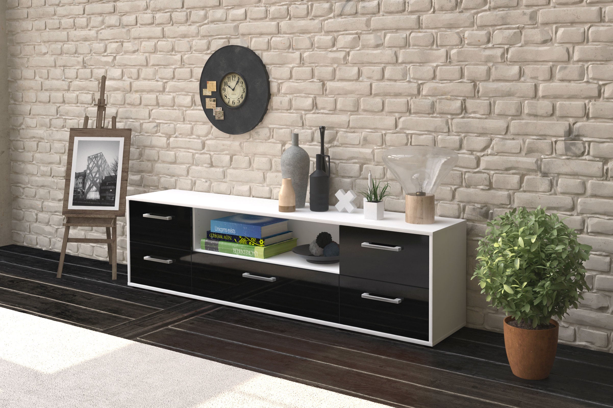 Lowboard - Atlanta - Design Hochglanz - Freistehend mit Griffe 180 cm Weiss