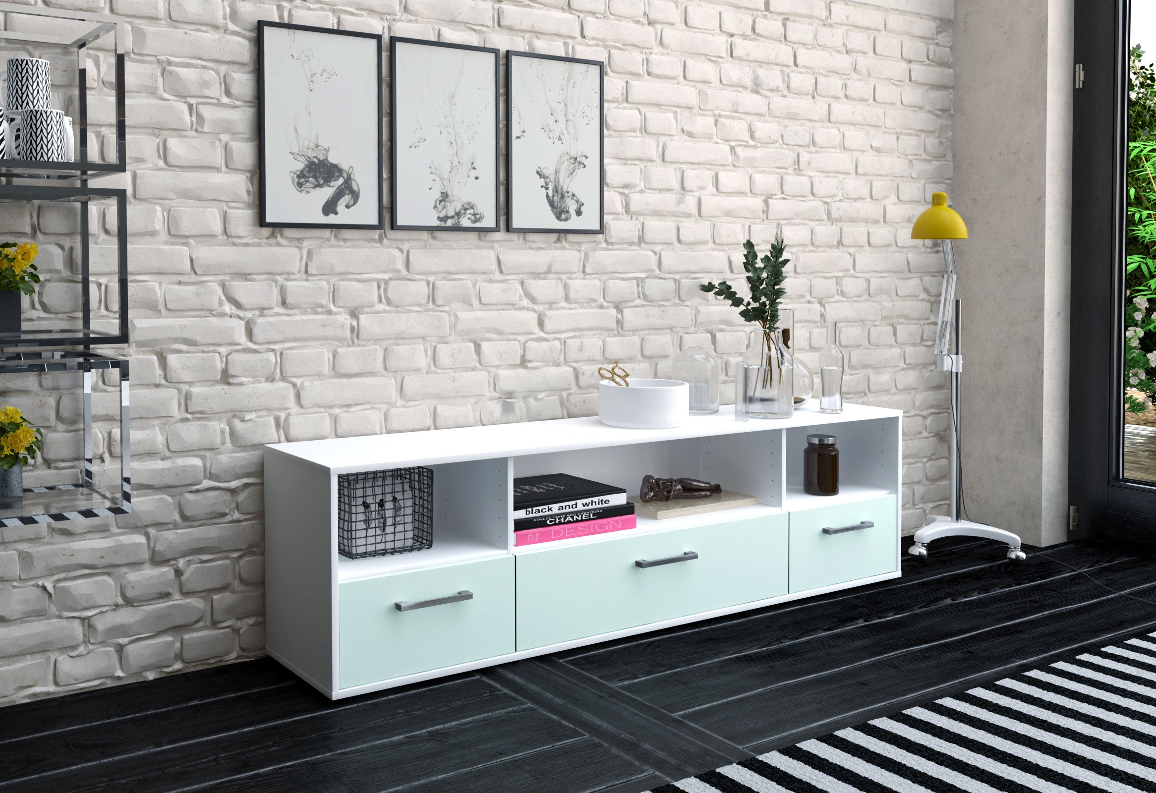 Lowboard - Aurelia - Design Farbakzent - Freistehend mit Griffe 180 cm Weiss