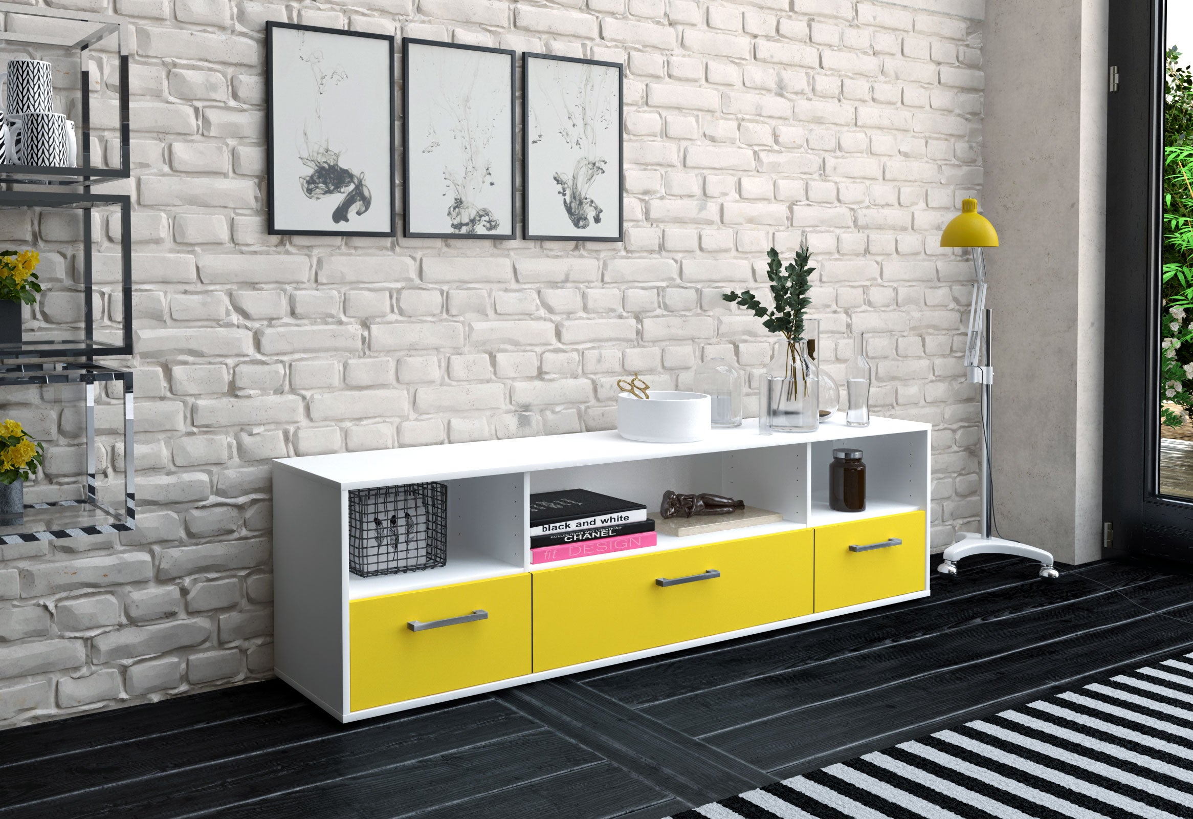 Lowboard - Aurelia - Design Farbakzent - Freistehend mit Griffe 180 cm Weiss