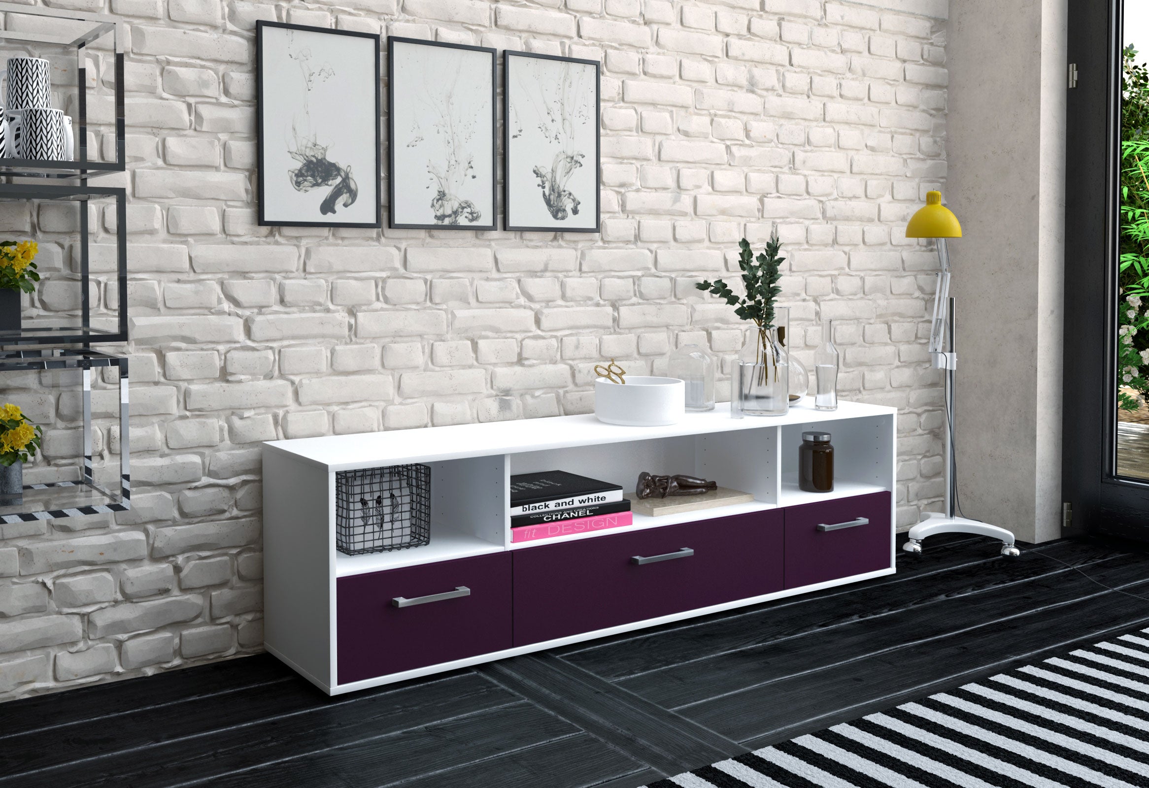 Lowboard - Aurelia - Design Farbakzent - Freistehend mit Griffe 180 cm Weiss