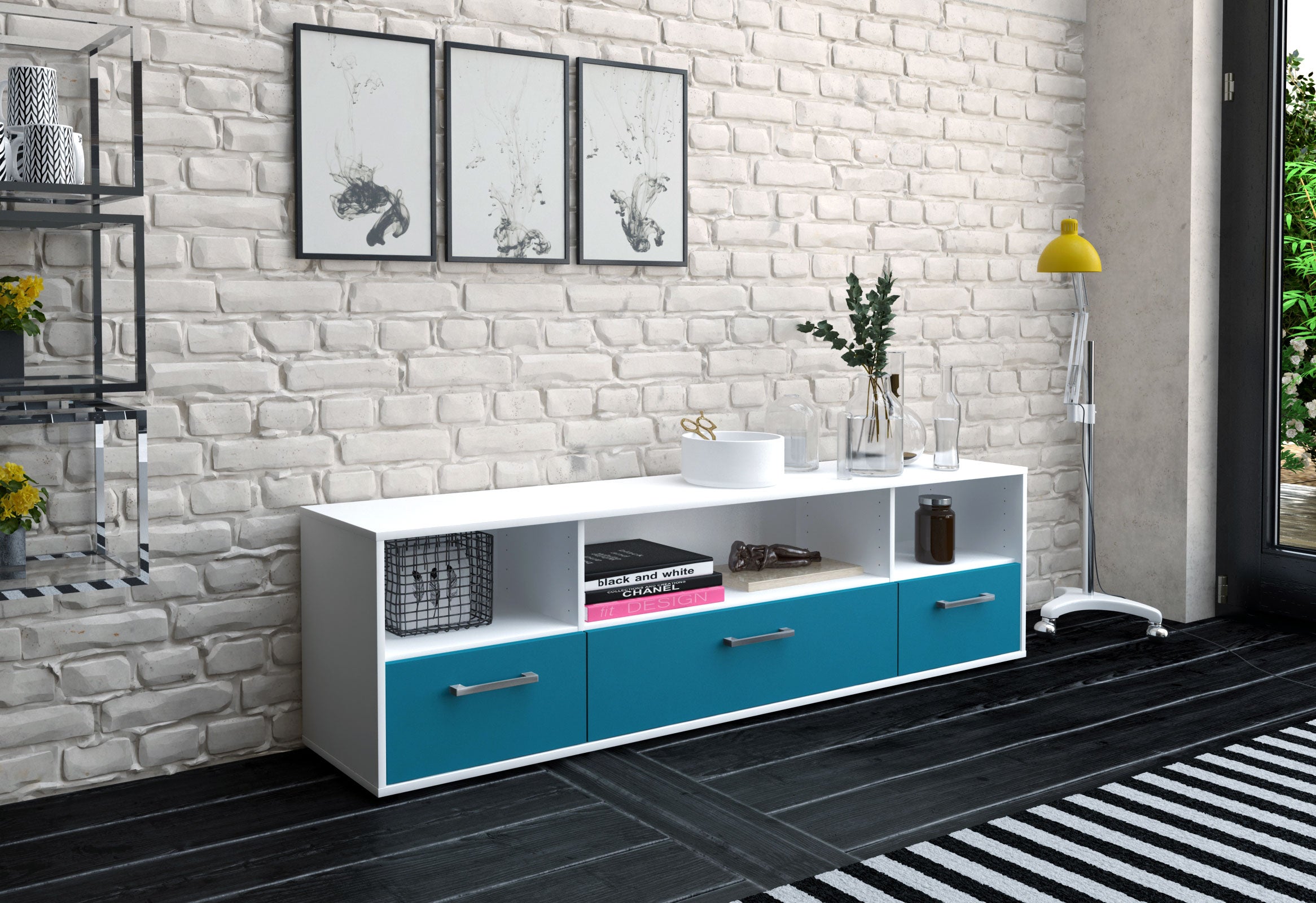 Lowboard - Aurelia - Design Farbakzent - Freistehend mit Griffe 180 cm Weiss