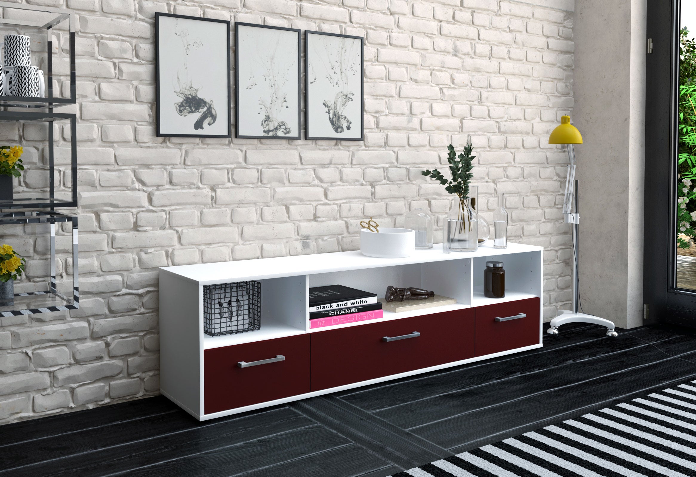 Lowboard - Aurelia - Design Farbakzent - Freistehend mit Griffe 180 cm Weiss