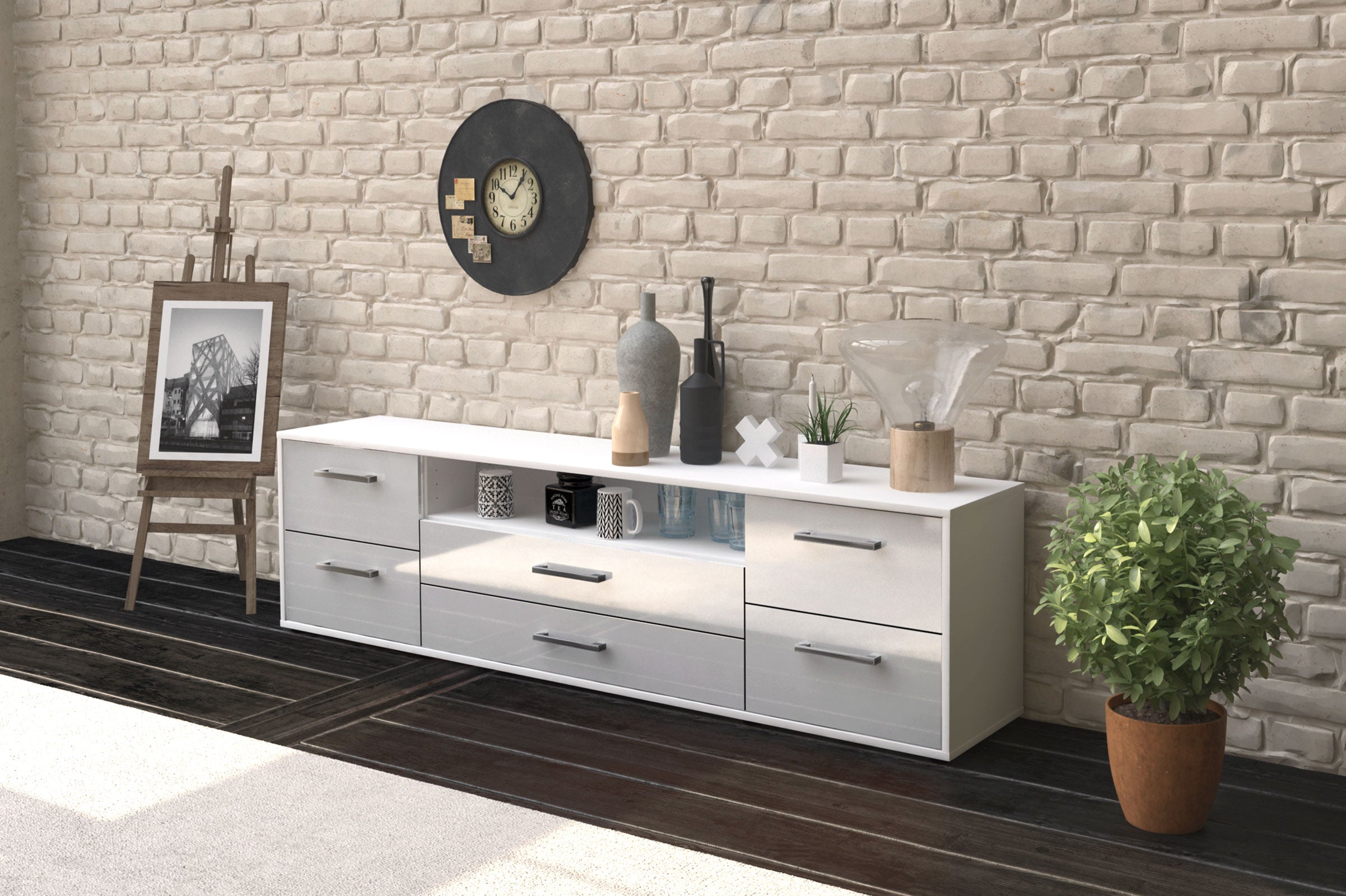 Lowboard - Aurora - Design Hochglanz - Freistehend mit Griffe 180 cm Weiss