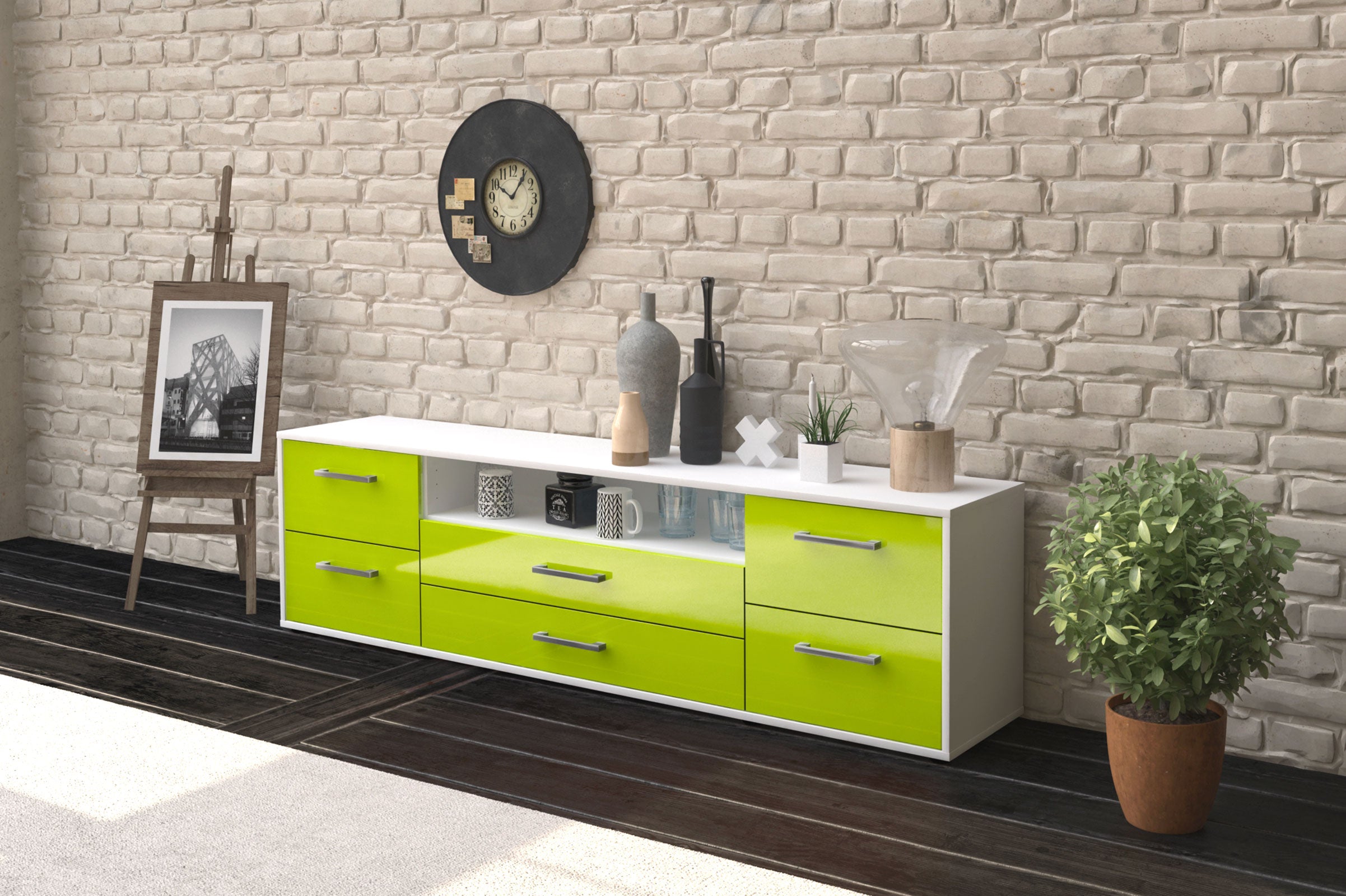 Lowboard - Aurora - Design Hochglanz - Freistehend mit Griffe 180 cm Weiss