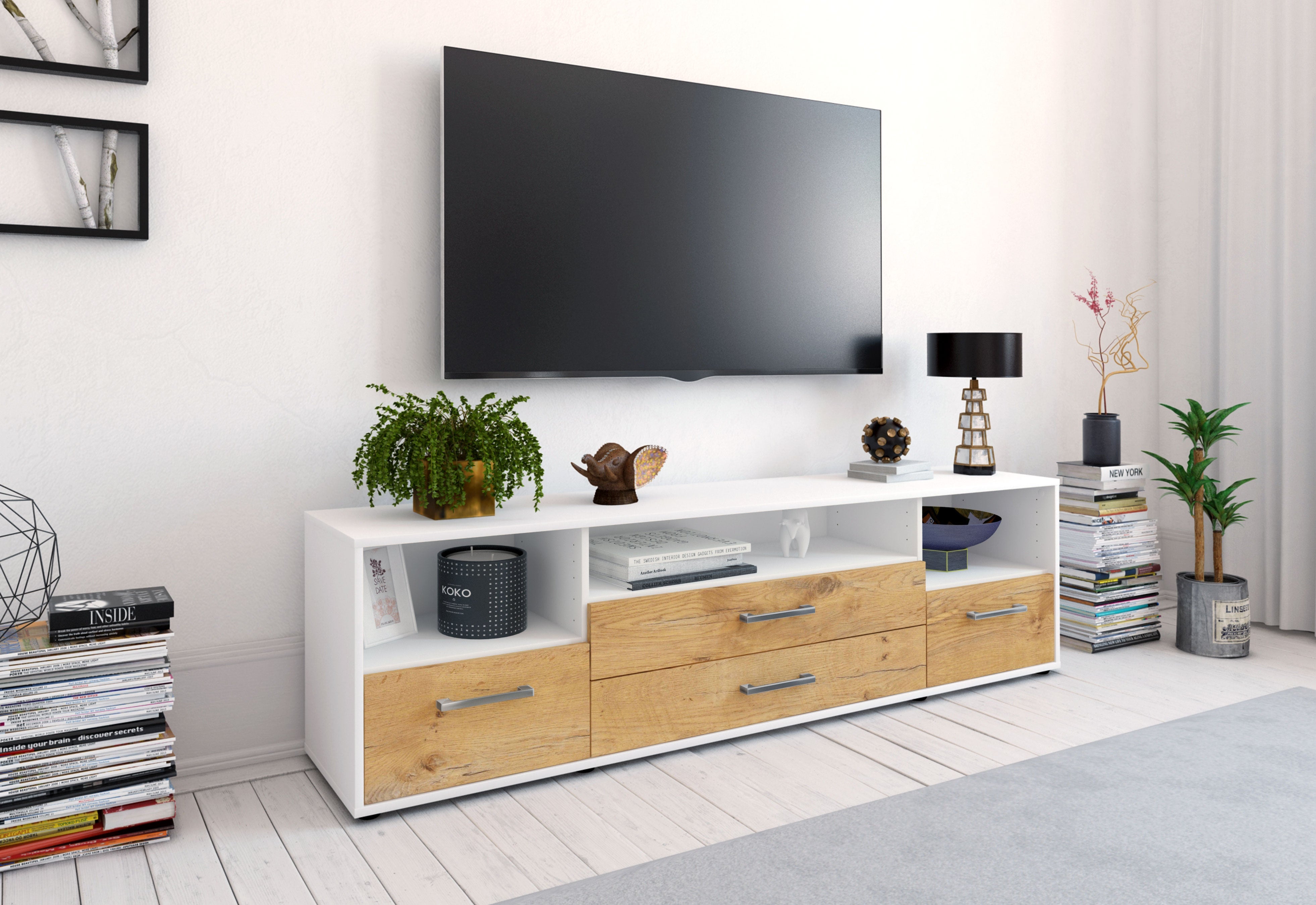 Lowboard - Azula - Design Holzdekor - Freistehend mit Griffe 180 cm Weiss