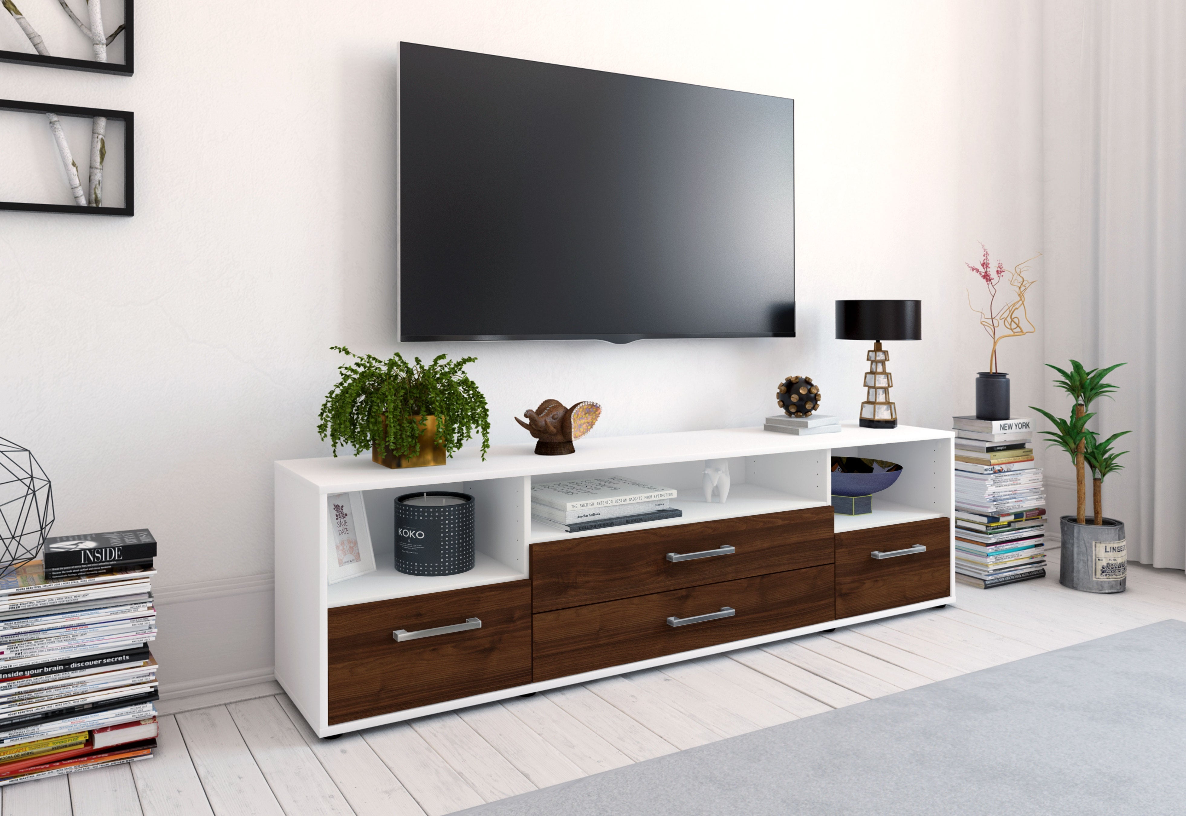 Lowboard - Azula - Design Holzdekor - Freistehend mit Griffe 180 cm Weiss
