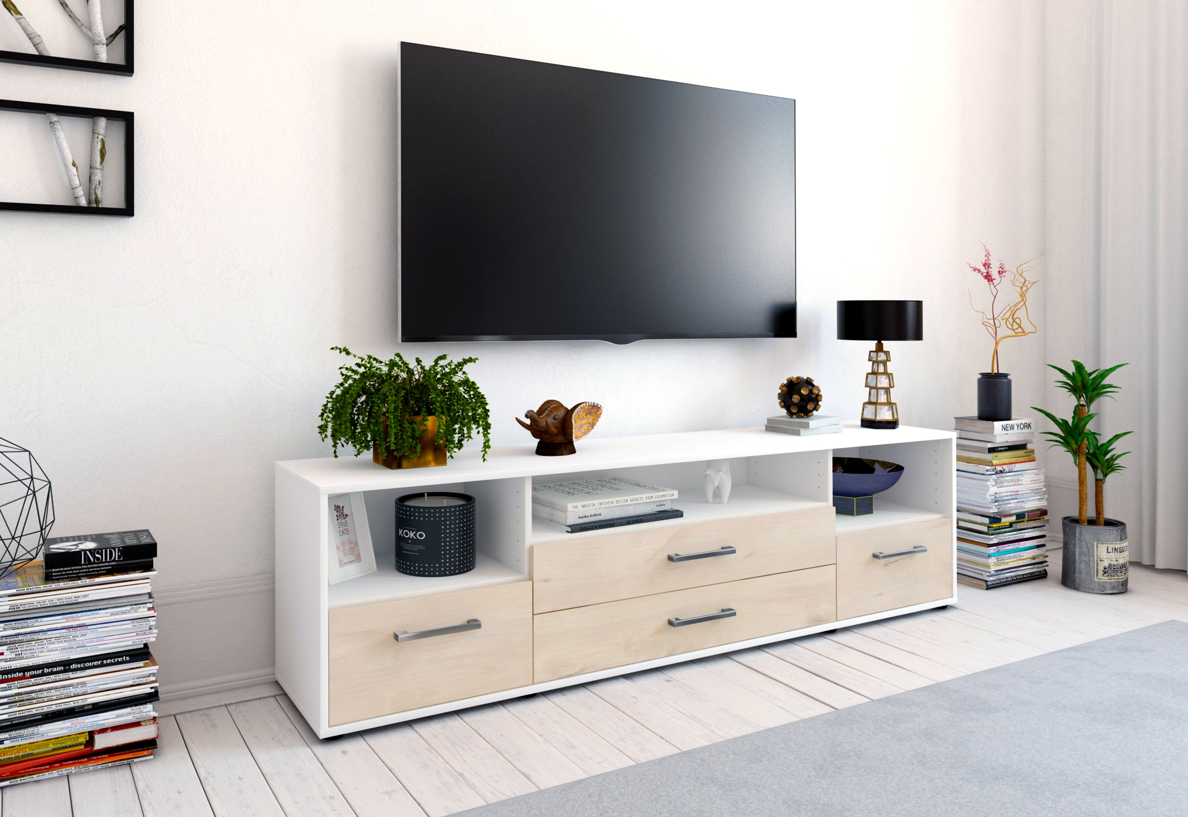 Lowboard - Azula - Design Holzdekor - Freistehend mit Griffe 180 cm Weiss