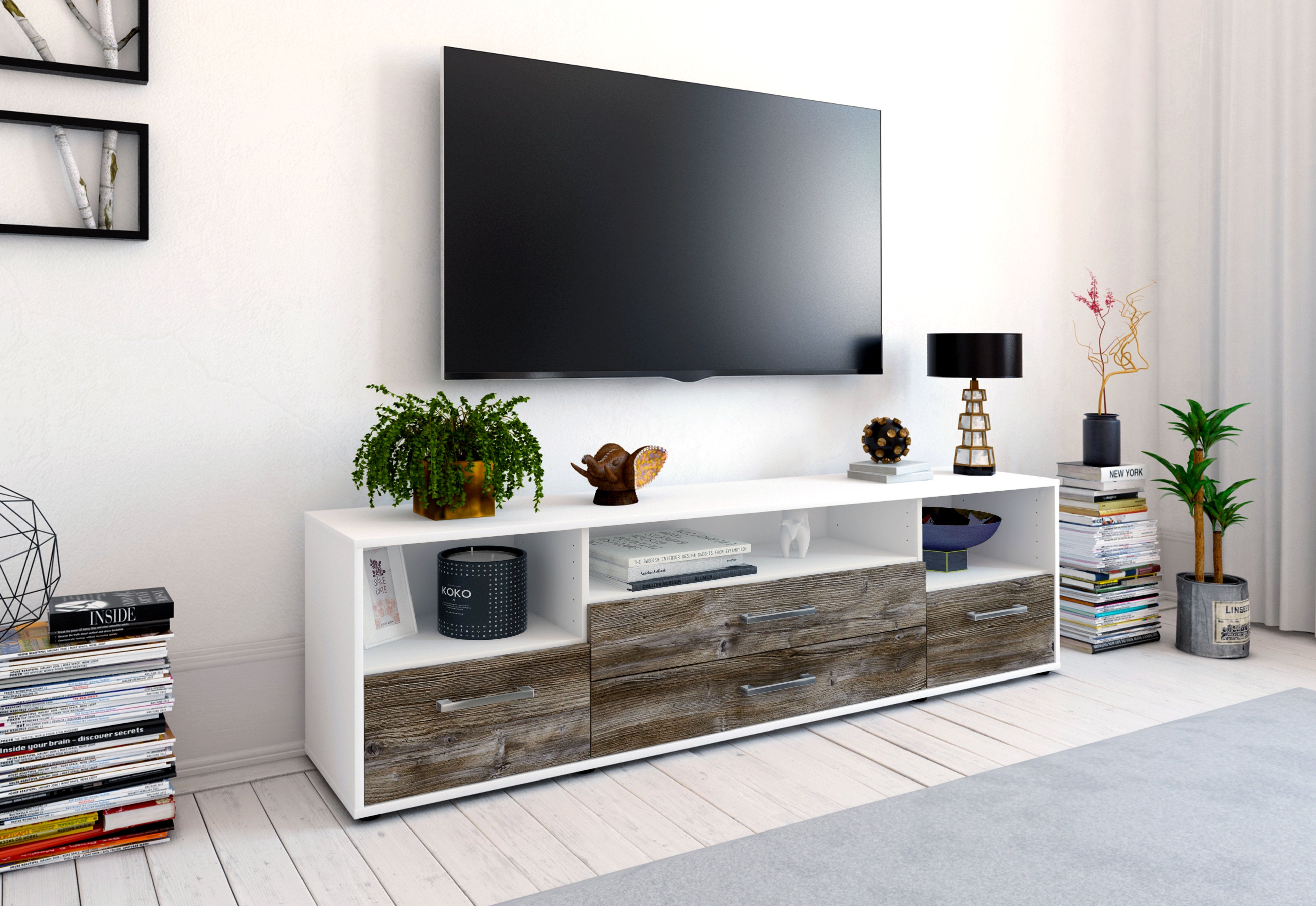 Lowboard - Azula - Design Holzdekor - Freistehend mit Griffe 180 cm Weiss