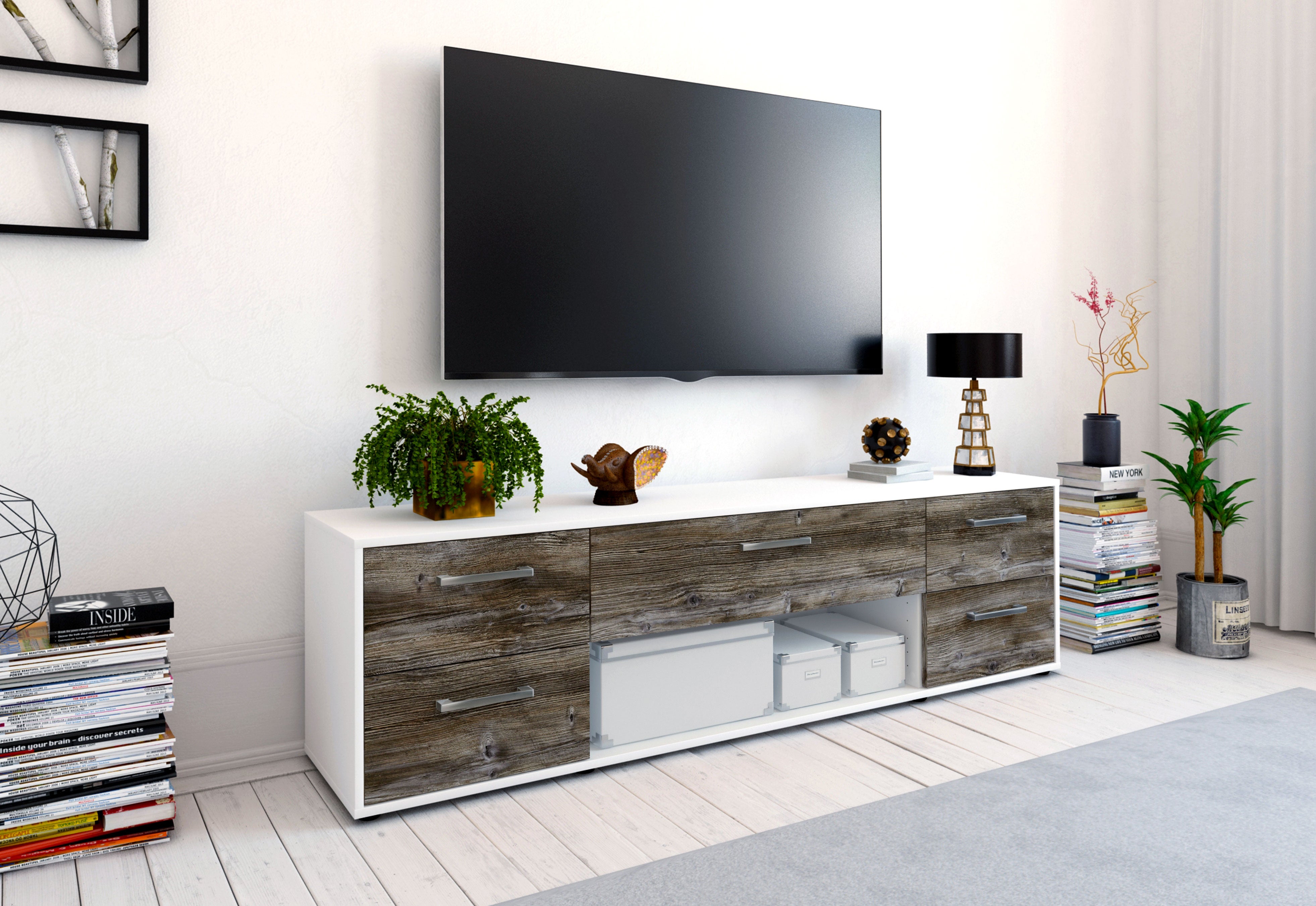 Lowboard - Babetta - Design Holzdekor - Freistehend mit Griffe 180 cm Weiss