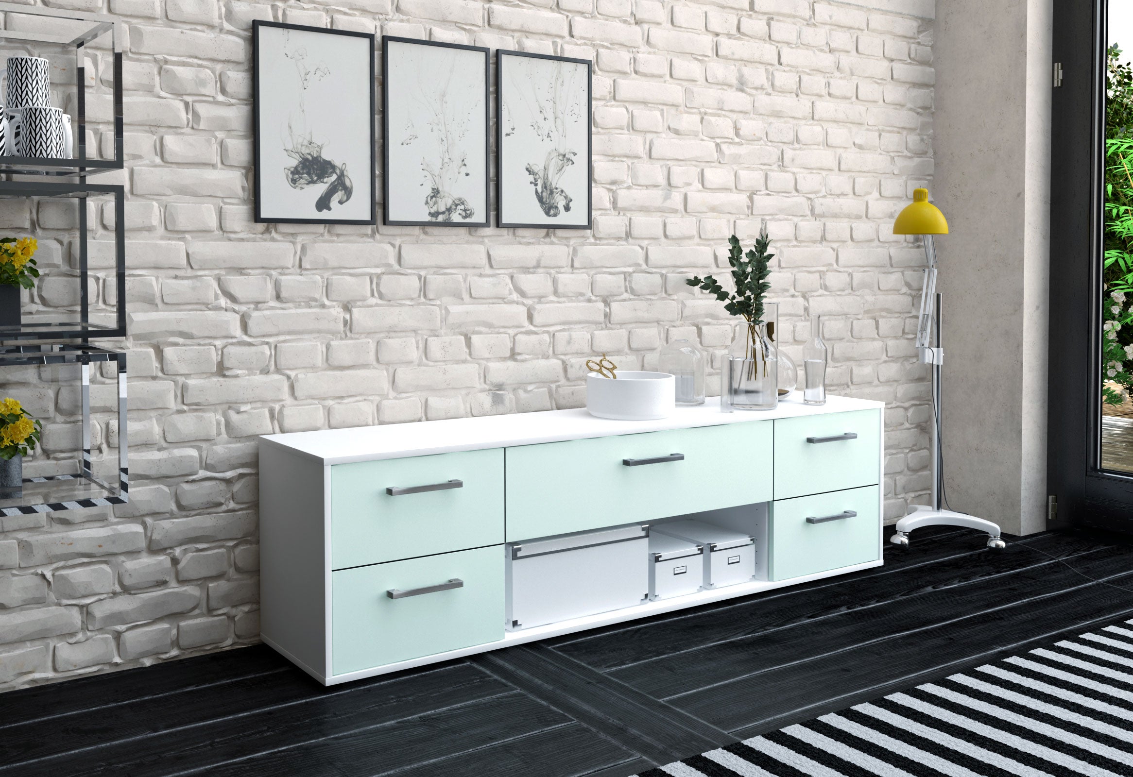 Lowboard - Babetta - Design Farbakzent - Freistehend mit Griffe 180 cm Weiss