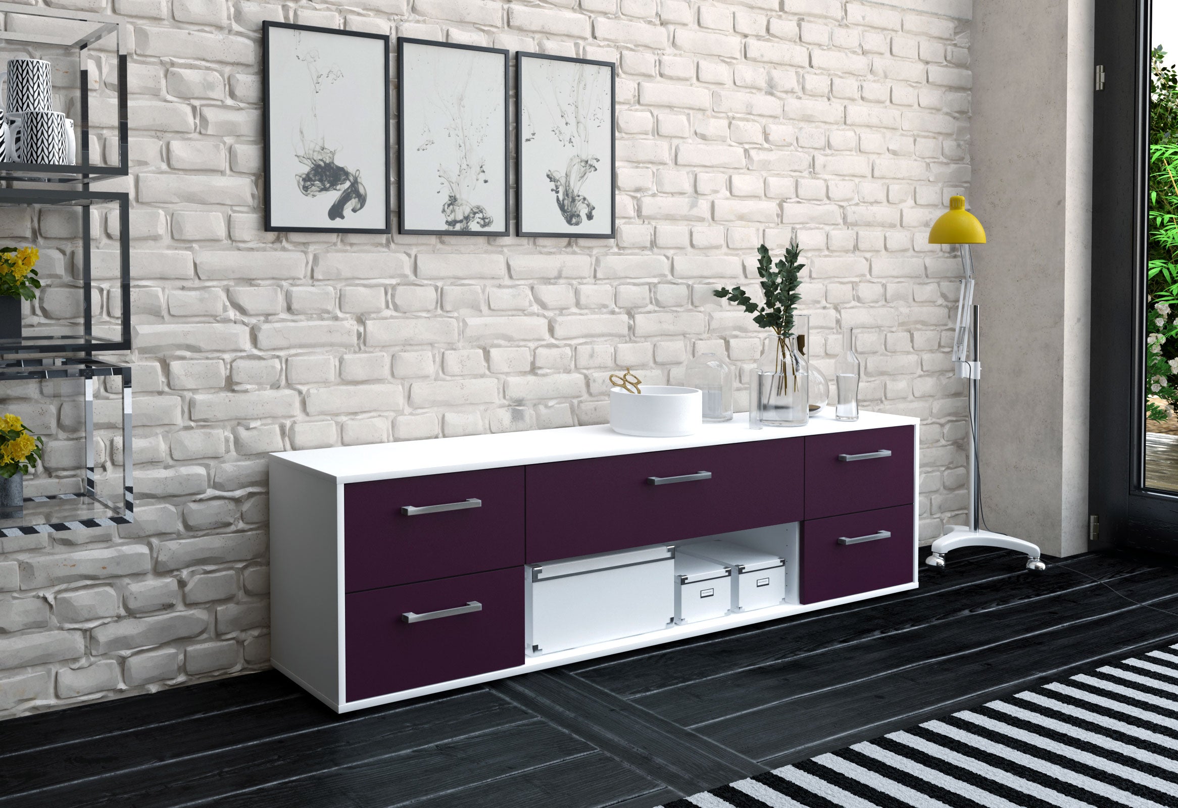 Lowboard - Babetta - Design Farbakzent - Freistehend mit Griffe 180 cm Weiss