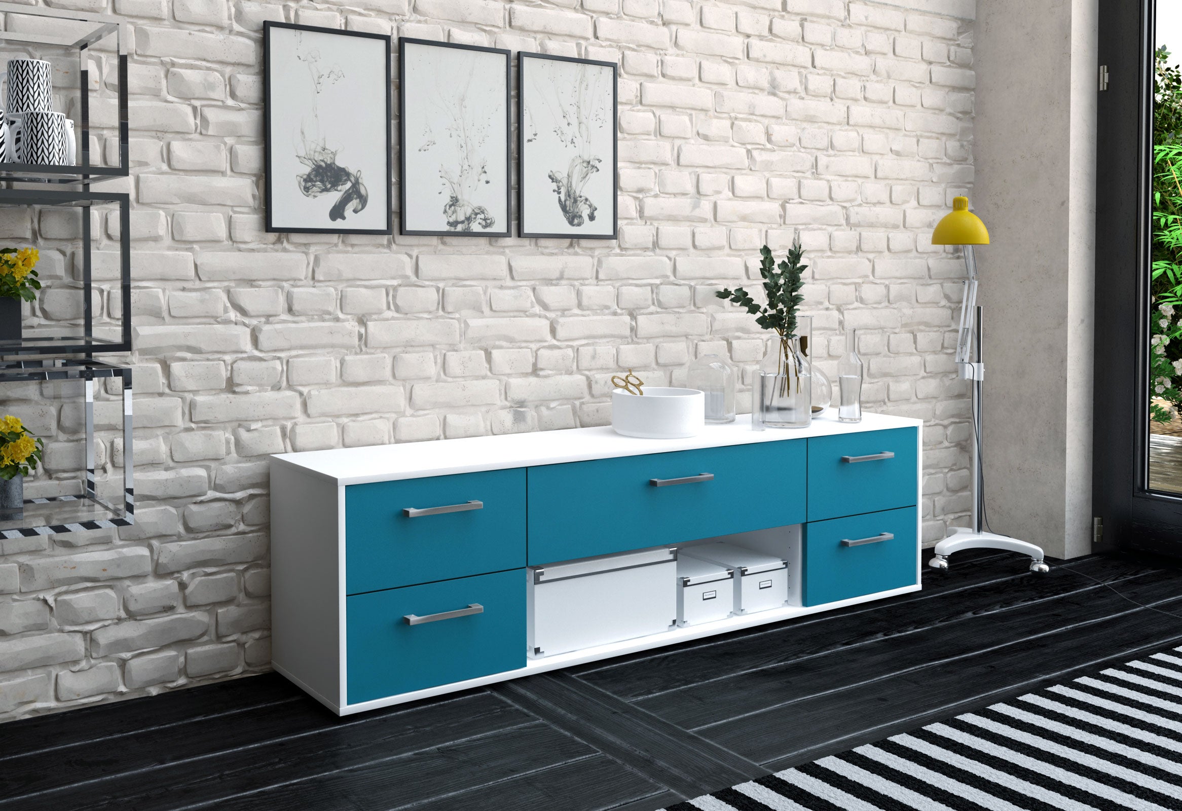 Lowboard - Babetta - Design Farbakzent - Freistehend mit Griffe 180 cm Weiss