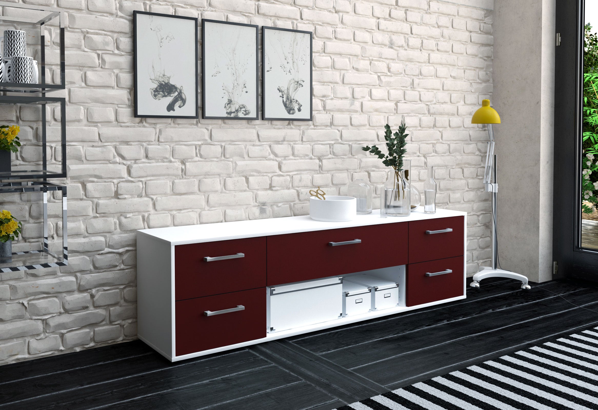 Lowboard - Babetta - Design Farbakzent - Freistehend mit Griffe 180 cm Weiss
