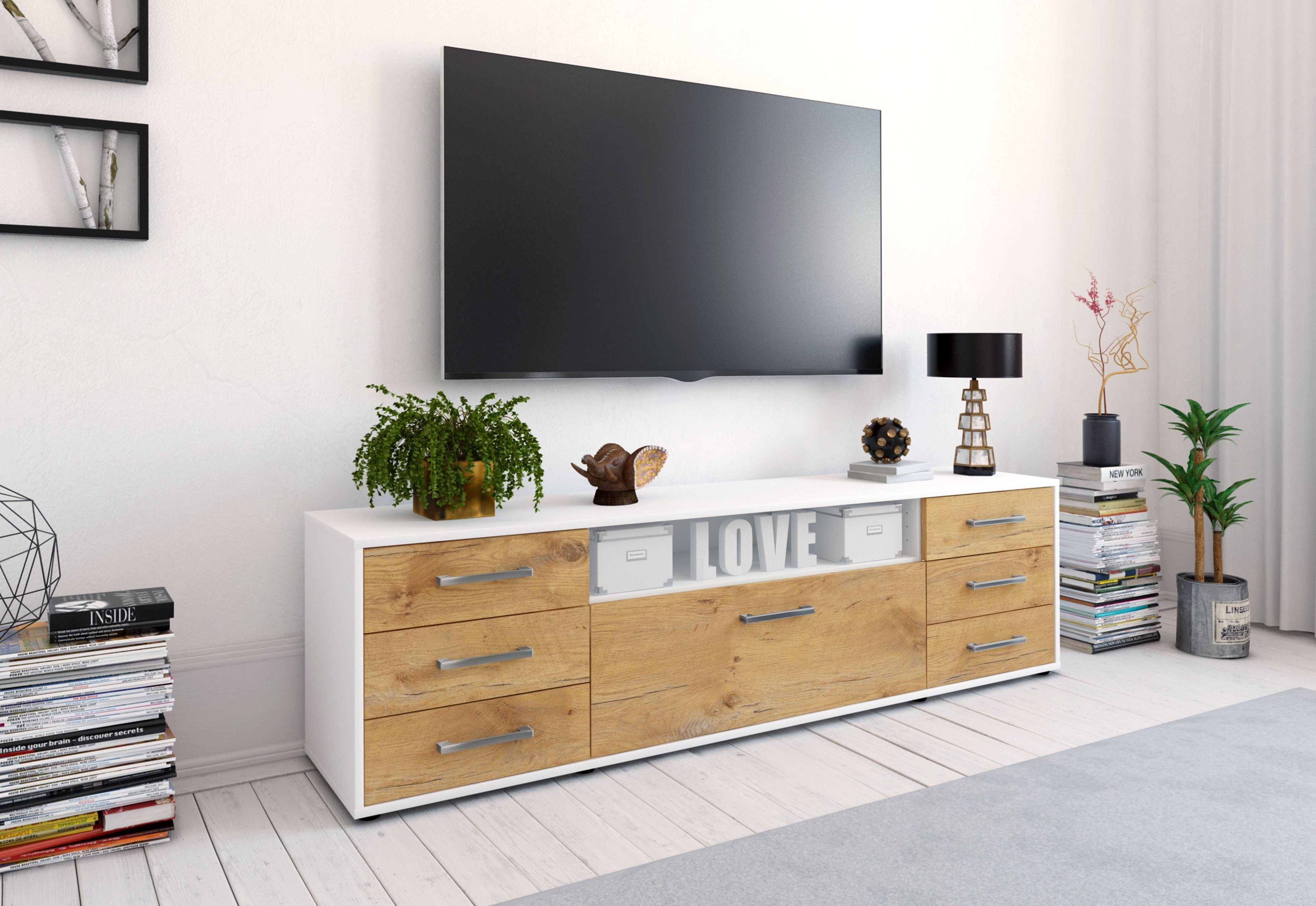 Lowboard - Beatrice - Design Holzdekor - Freistehend mit Griffe 180 cm Weiss