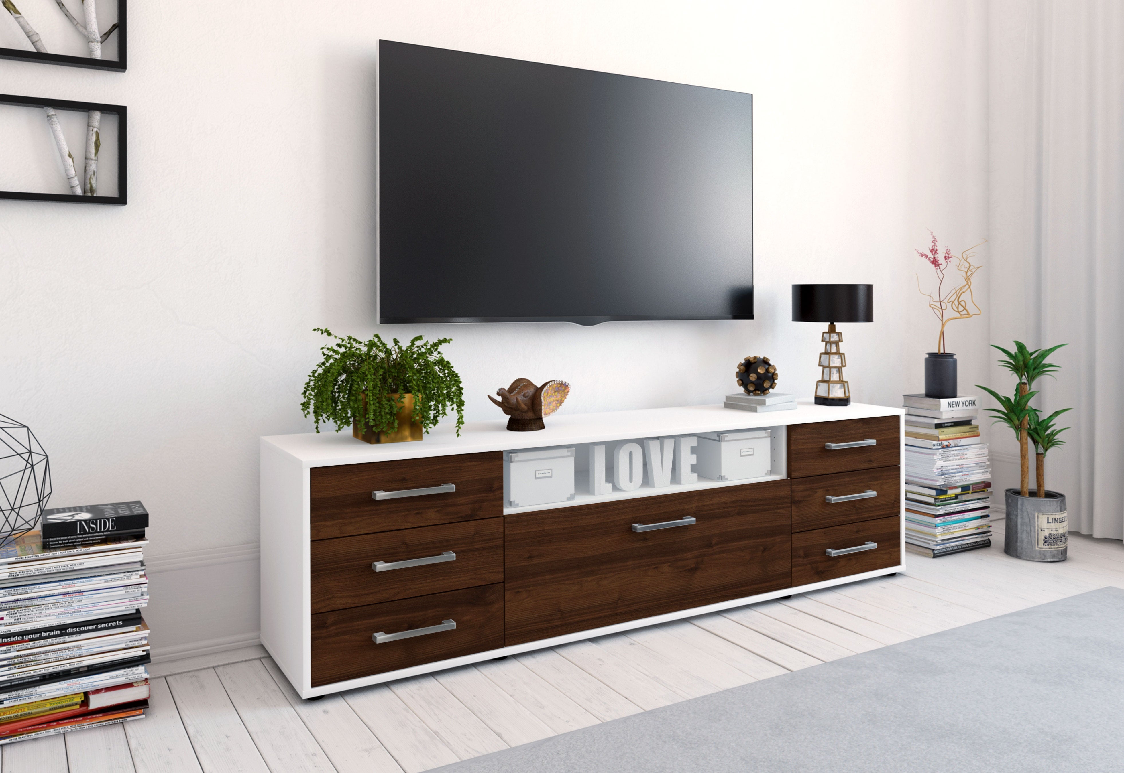 Lowboard - Beatrice - Design Holzdekor - Freistehend mit Griffe 180 cm Weiss