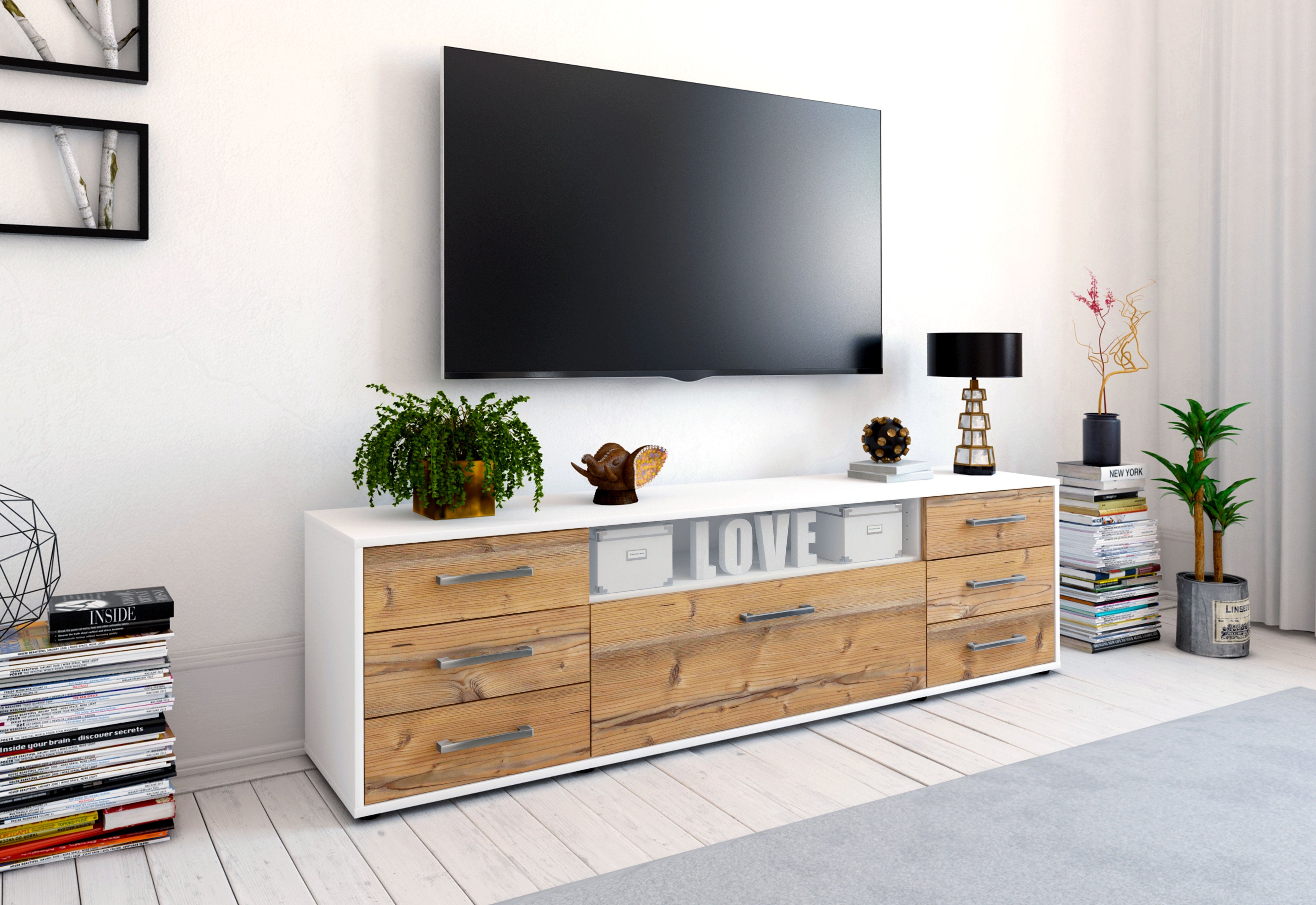 Lowboard - Beatrice - Design Holzdekor - Freistehend mit Griffe 180 cm Weiss