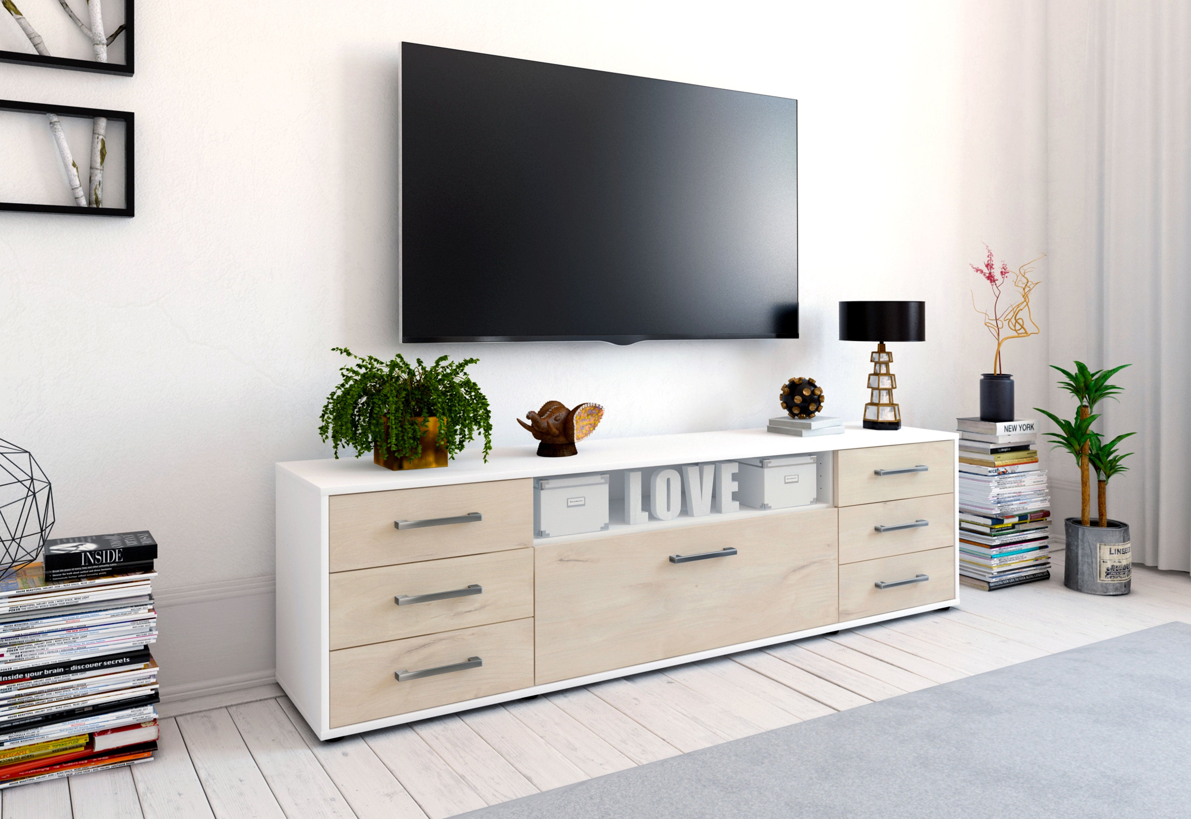Lowboard - Beatrice - Design Holzdekor - Freistehend mit Griffe 180 cm Weiss