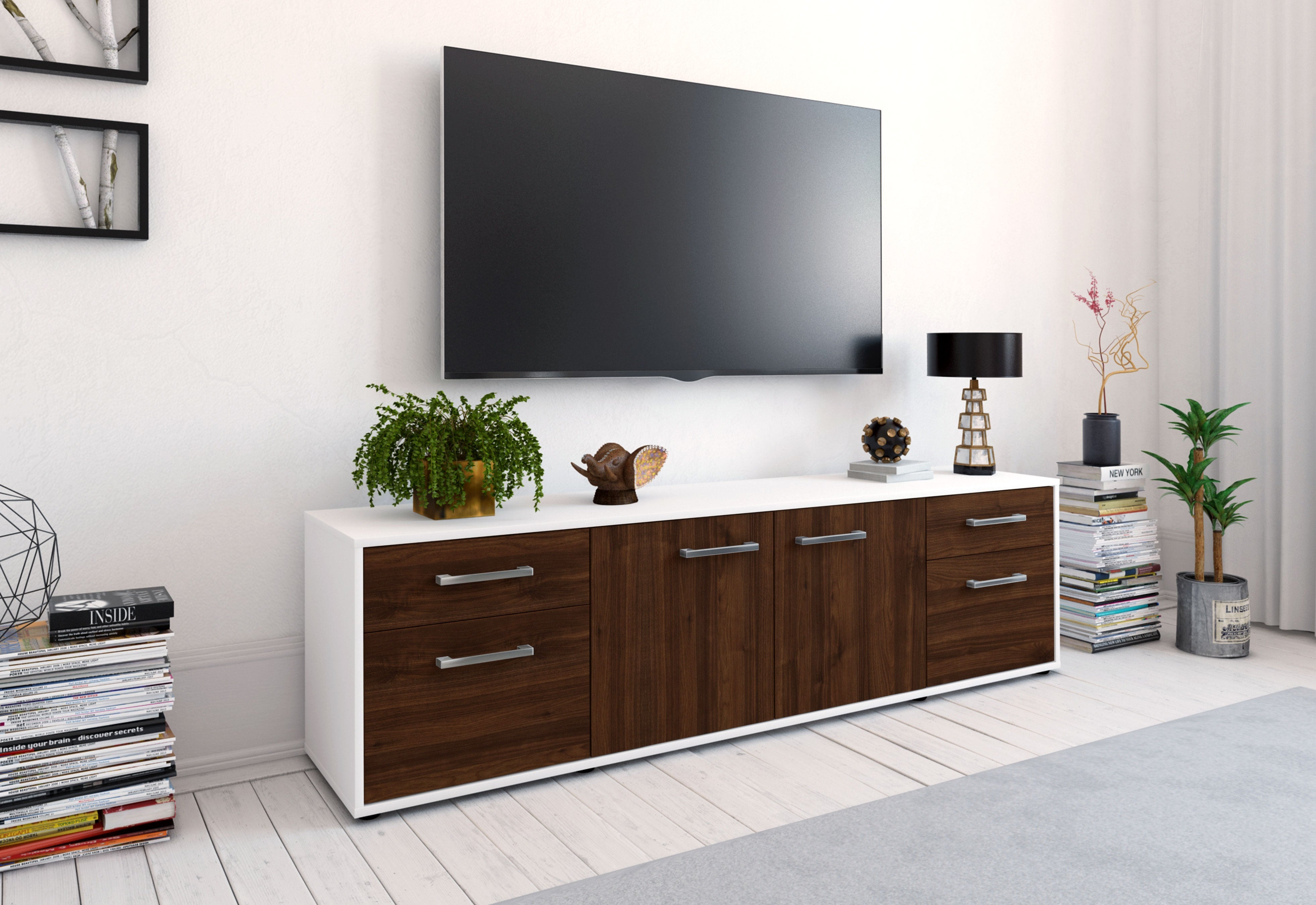 Lowboard - Benedetta - Design Holzdekor - Freistehend mit Griffe 180 cm Weiss
