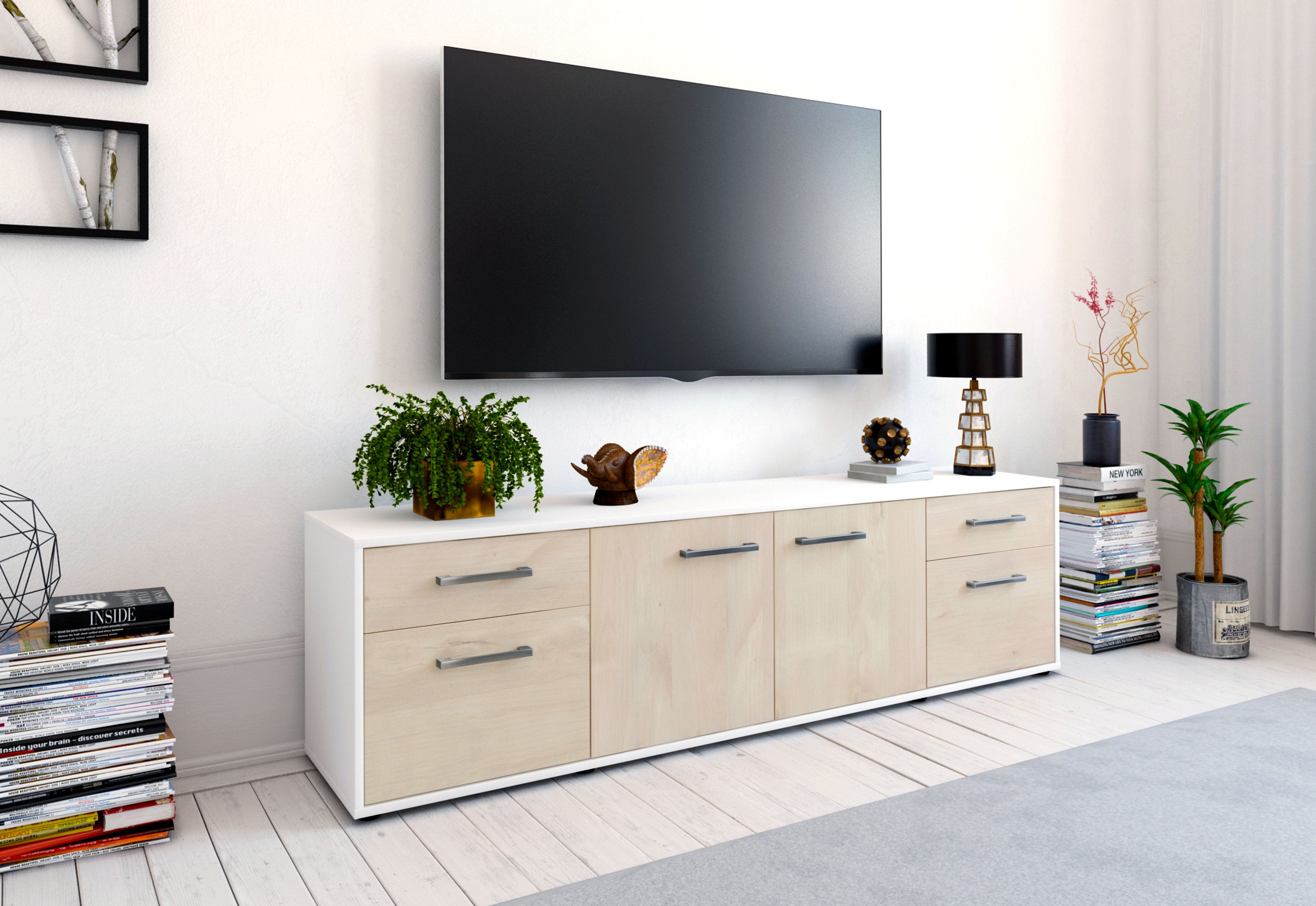 Lowboard - Benedetta - Design Holzdekor - Freistehend mit Griffe 180 cm Weiss
